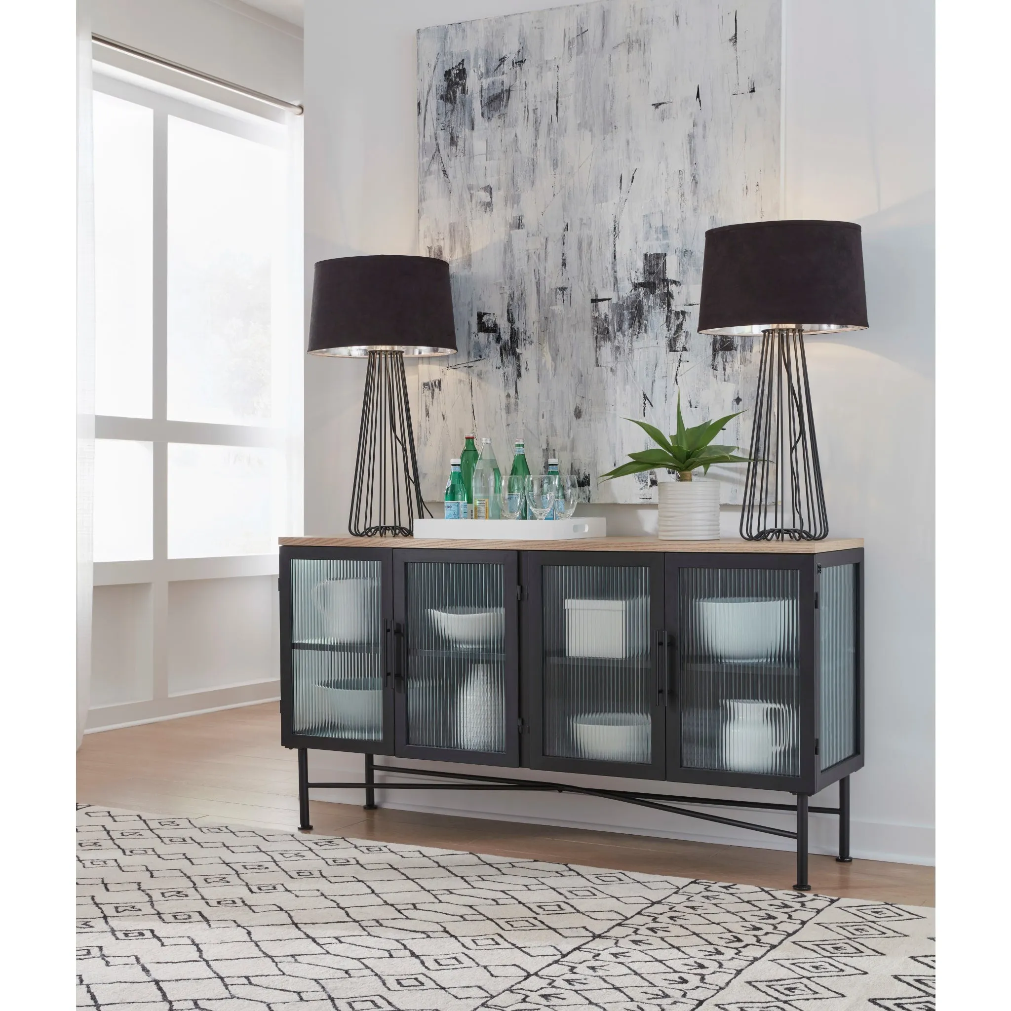 Aere Four Door Ribbed Glass, Metal and Wood Sideboard in Natural Ash and Black Modus