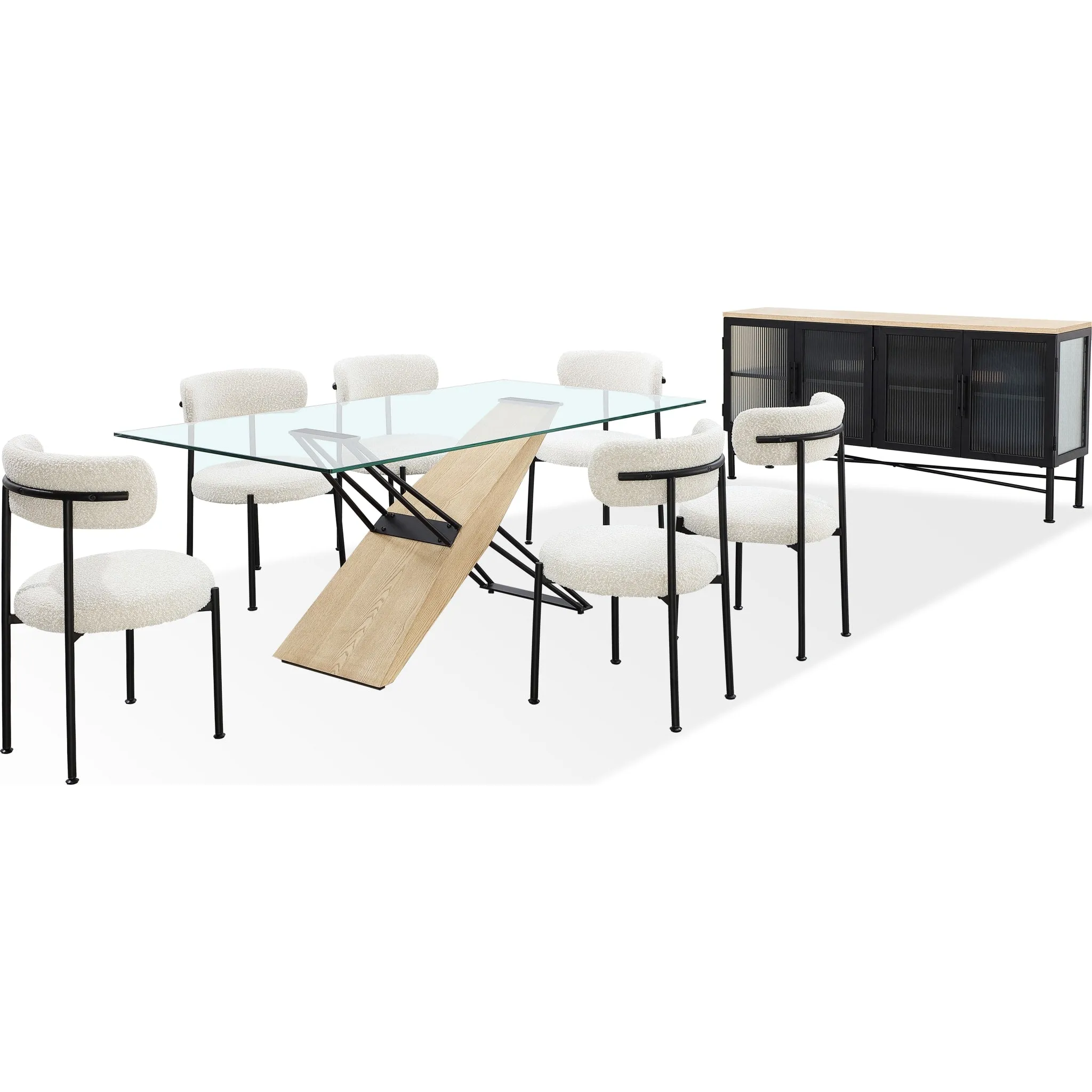 Aere Four Door Ribbed Glass, Metal and Wood Sideboard in Natural Ash and Black Modus