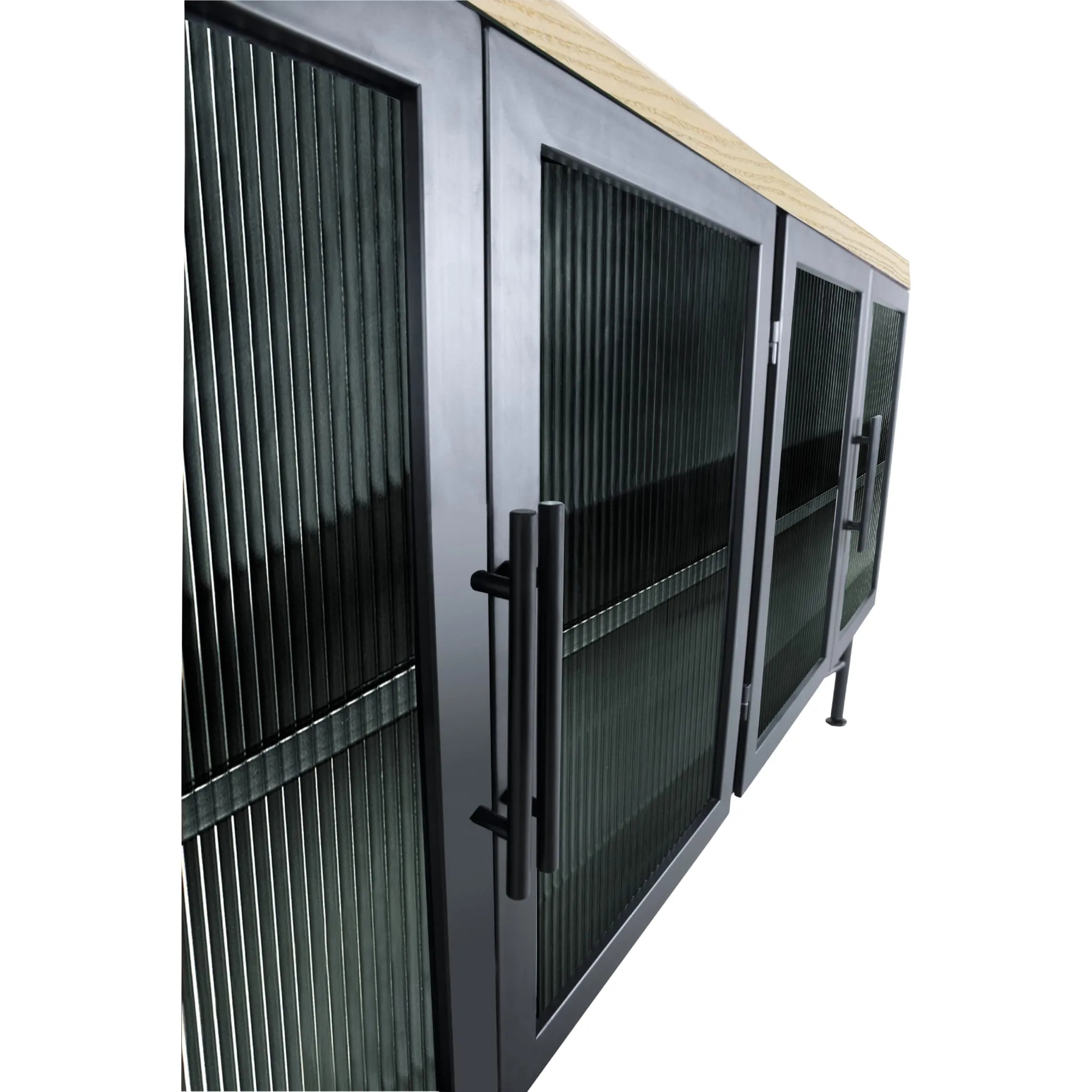 Aere Four Door Ribbed Glass, Metal and Wood Sideboard in Natural Ash and Black Modus