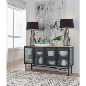 Aere Four Door Ribbed Glass, Metal and Wood Sideboard in Natural Ash and Black Modus
