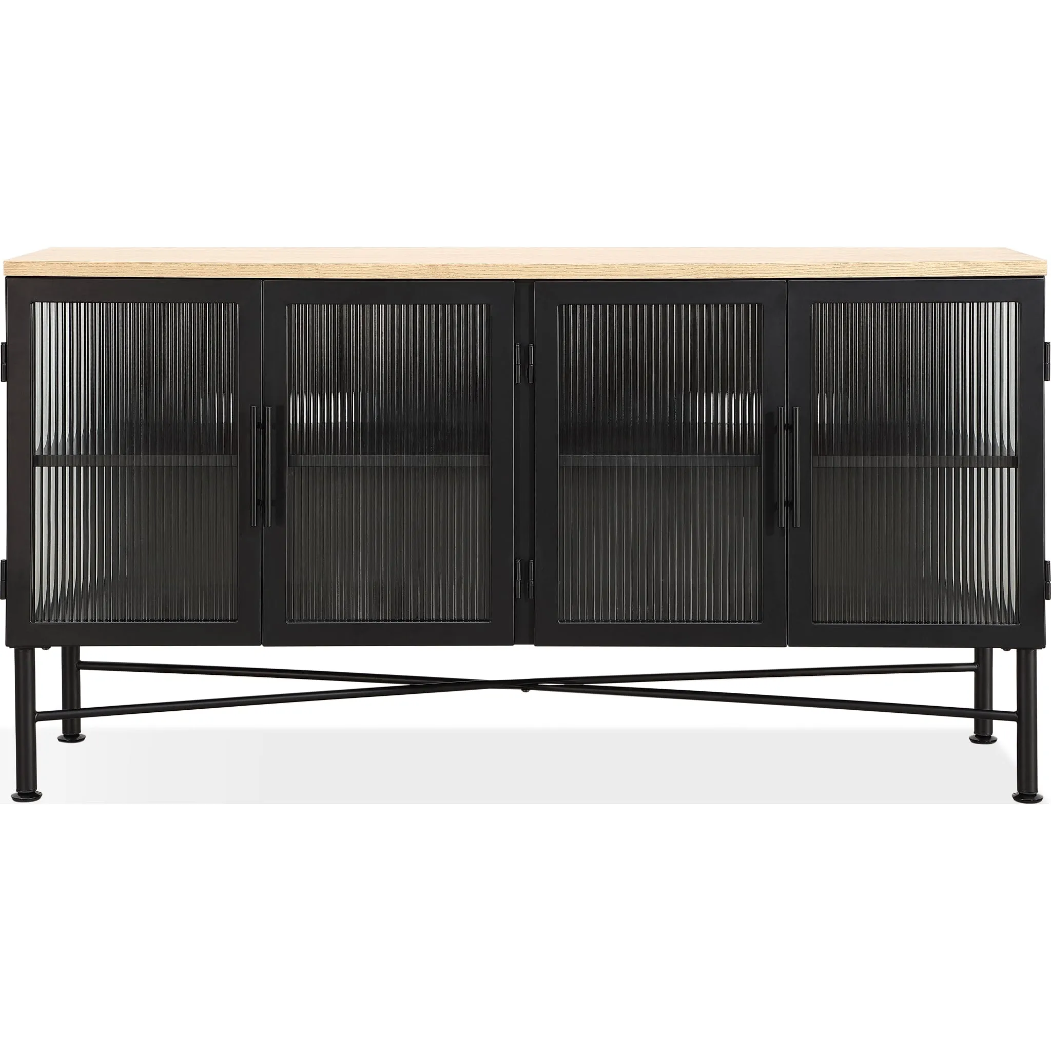Aere Four Door Ribbed Glass, Metal and Wood Sideboard in Natural Ash and Black Modus
