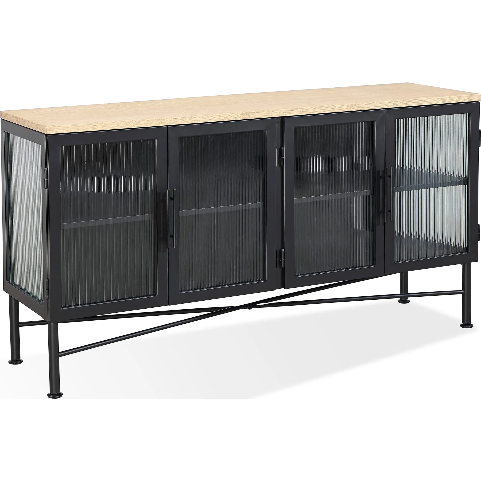 Aere Four Door Ribbed Glass, Metal and Wood Sideboard in Natural Ash and Black Modus