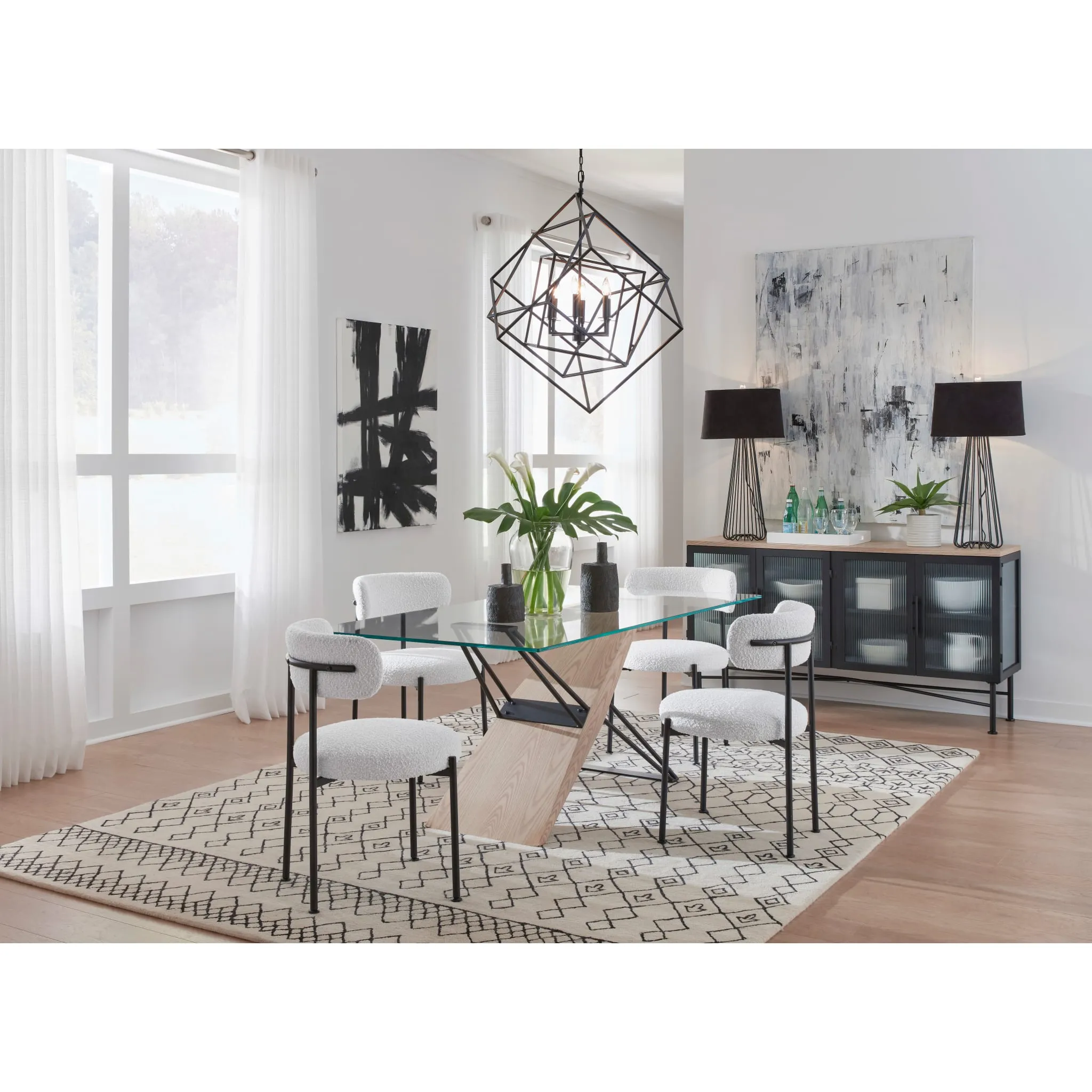 Aere Four Door Ribbed Glass, Metal and Wood Sideboard in Natural Ash and Black Modus