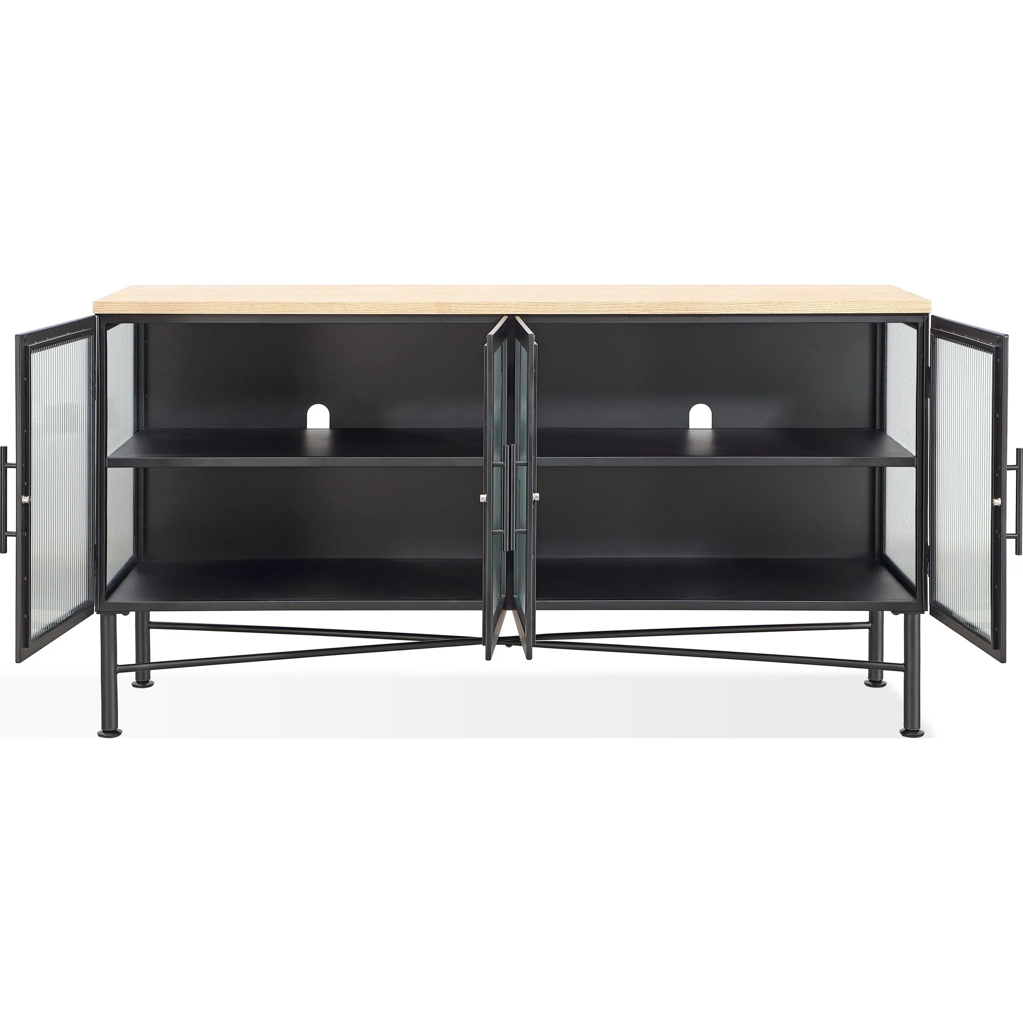 Aere Four Door Ribbed Glass, Metal and Wood Sideboard in Natural Ash and Black Modus