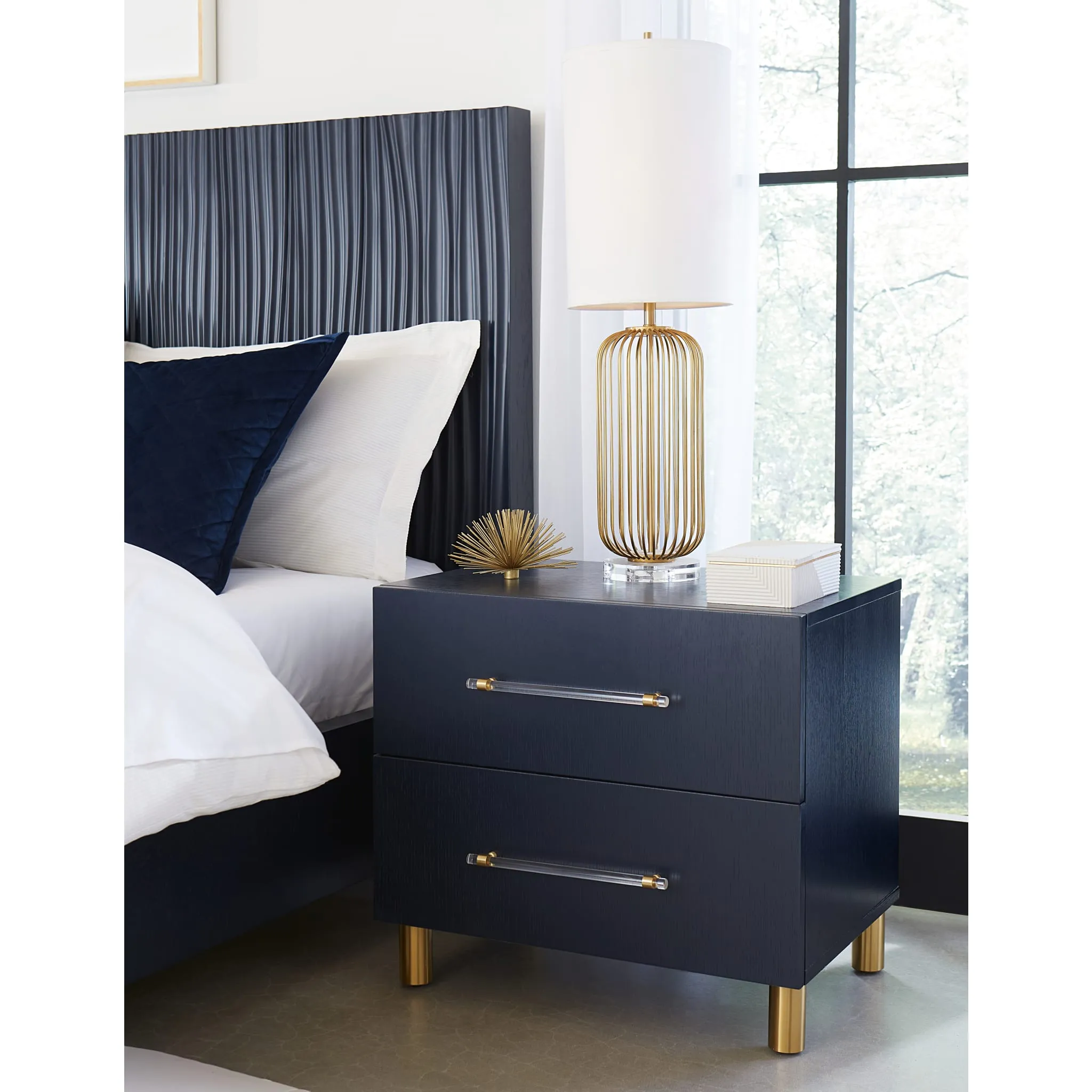 Argento Two Drawer USB Charging Nightstand in Navy Blue and Burnished Brass Modus