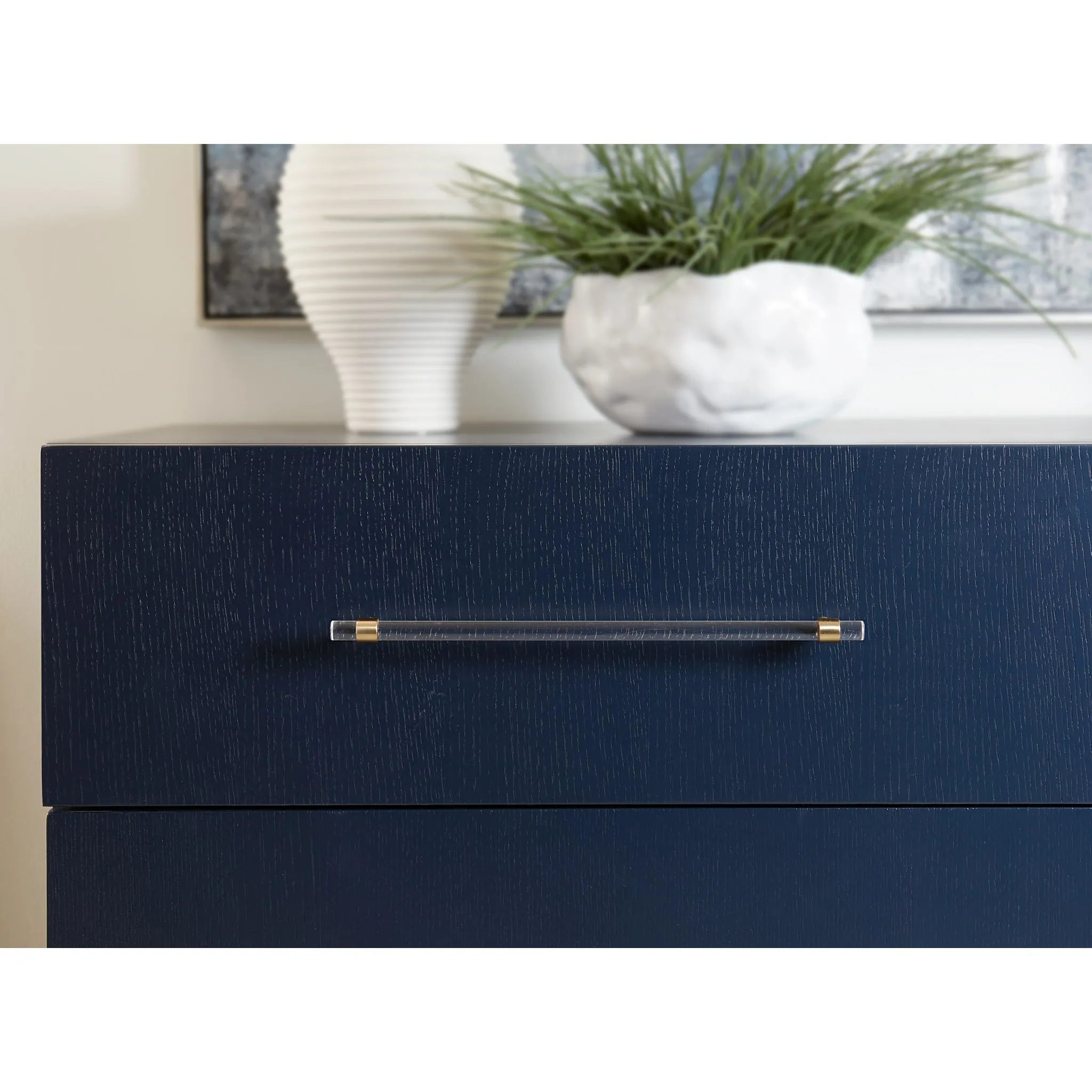 Argento Two Drawer USB Charging Nightstand in Navy Blue and Burnished Brass Modus