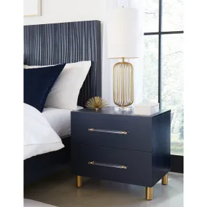 Argento Two Drawer USB Charging Nightstand in Navy Blue and Burnished Brass Modus