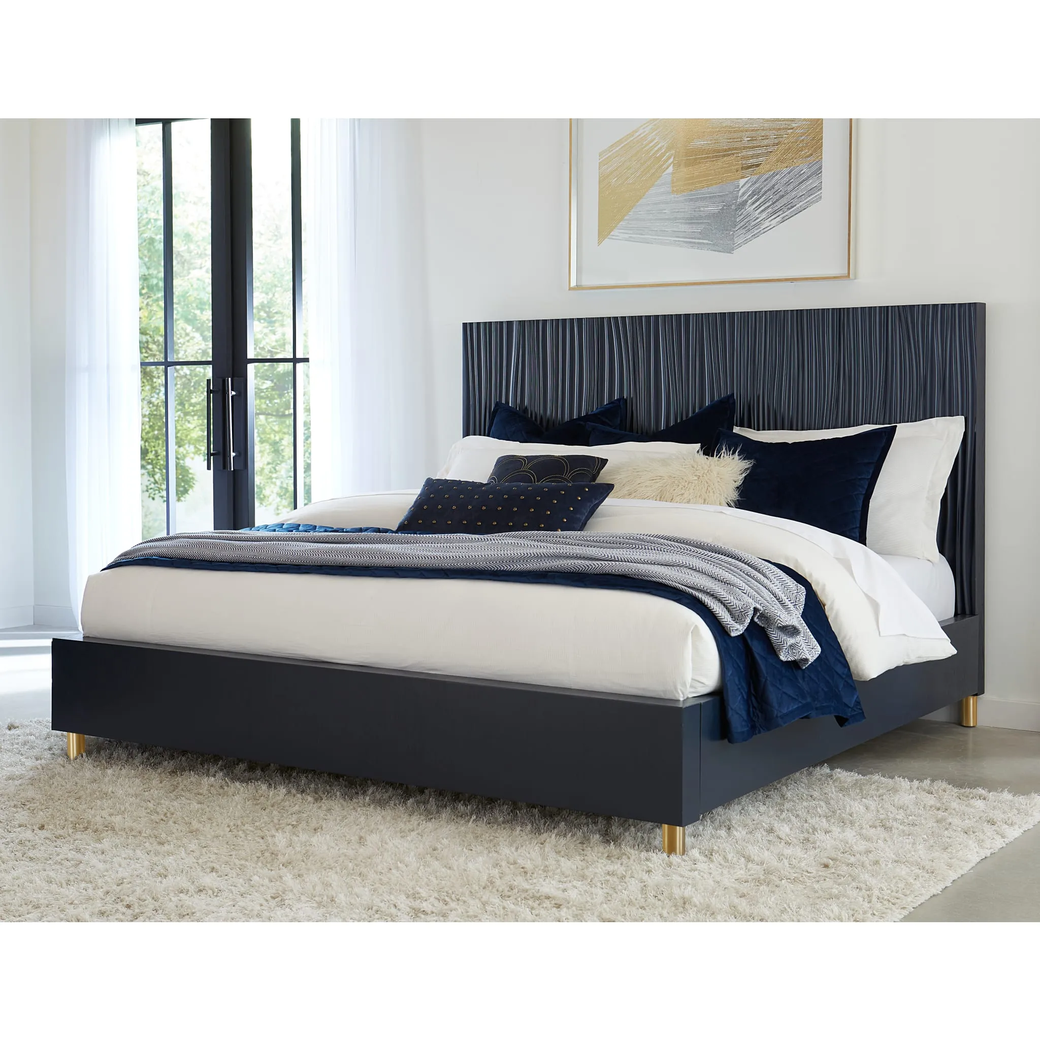 Argento Wave-Patterned Bed in Navy Blue and Burnished Brass Modus
