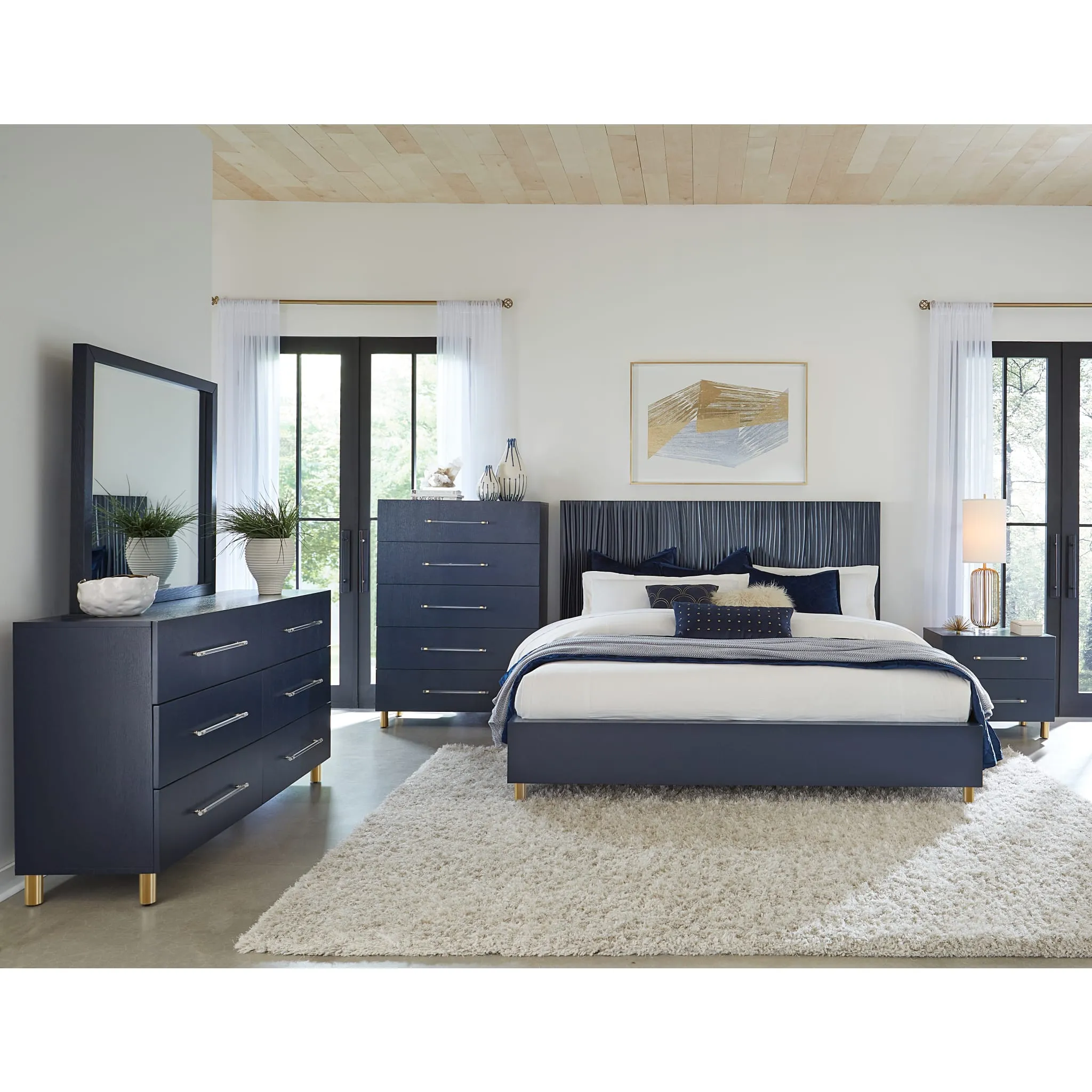 Argento Wave-Patterned Bed in Navy Blue and Burnished Brass Modus
