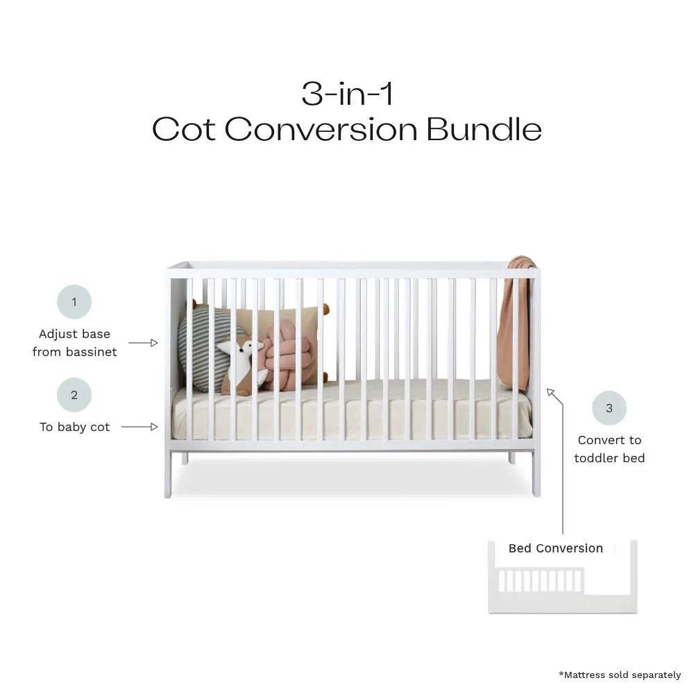 Aspiring White 3-in-1 Cot Conversion Natural Bundle Mocka