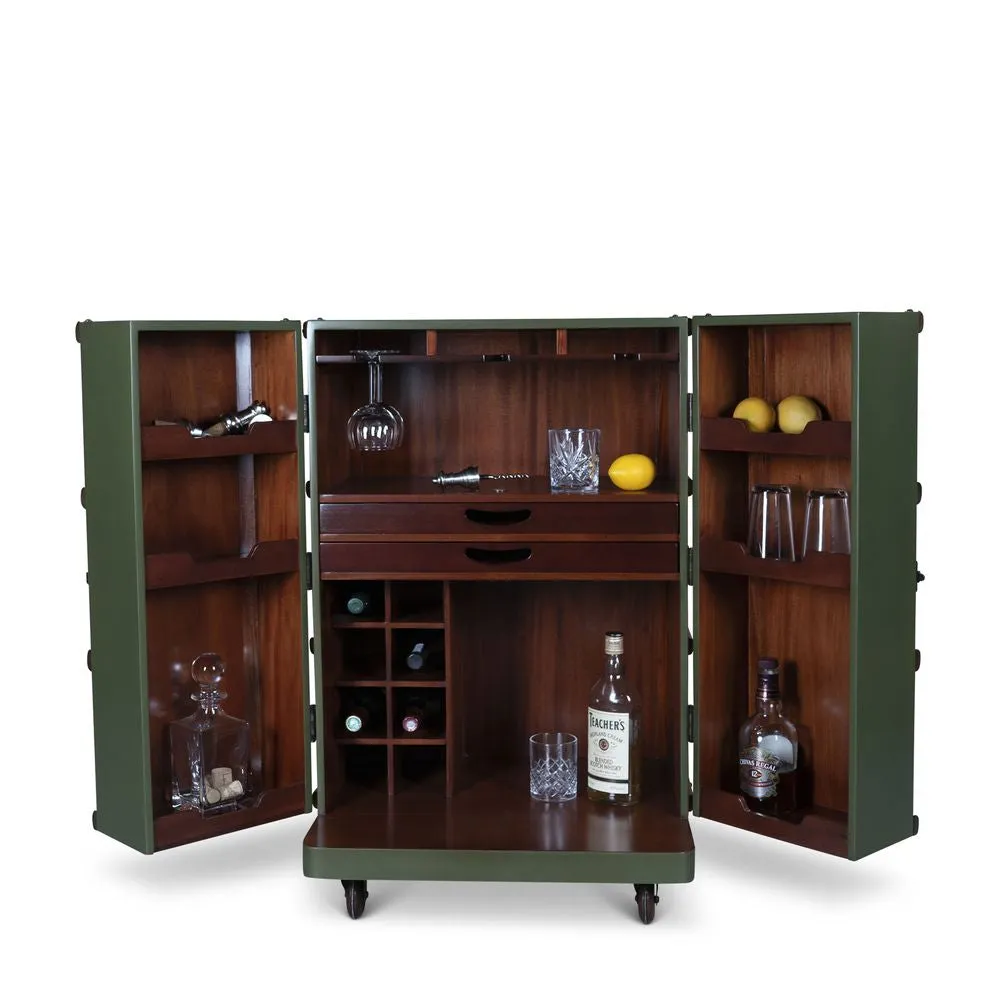 Authentic Models Polo Club Travel Suitcase Cabinet Bar, Field Green