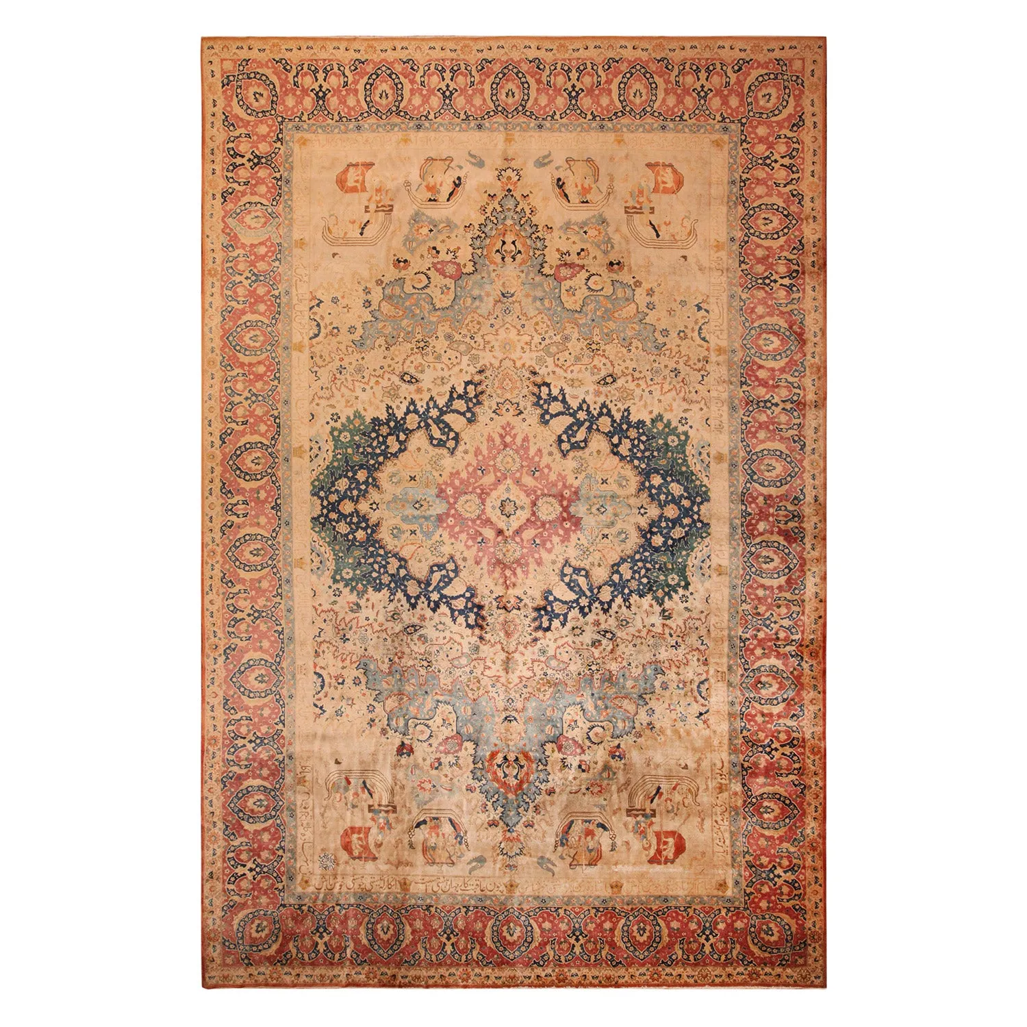 Beige & Orange Antique Persian Tabriz Rug - 12'6" x 18'10"