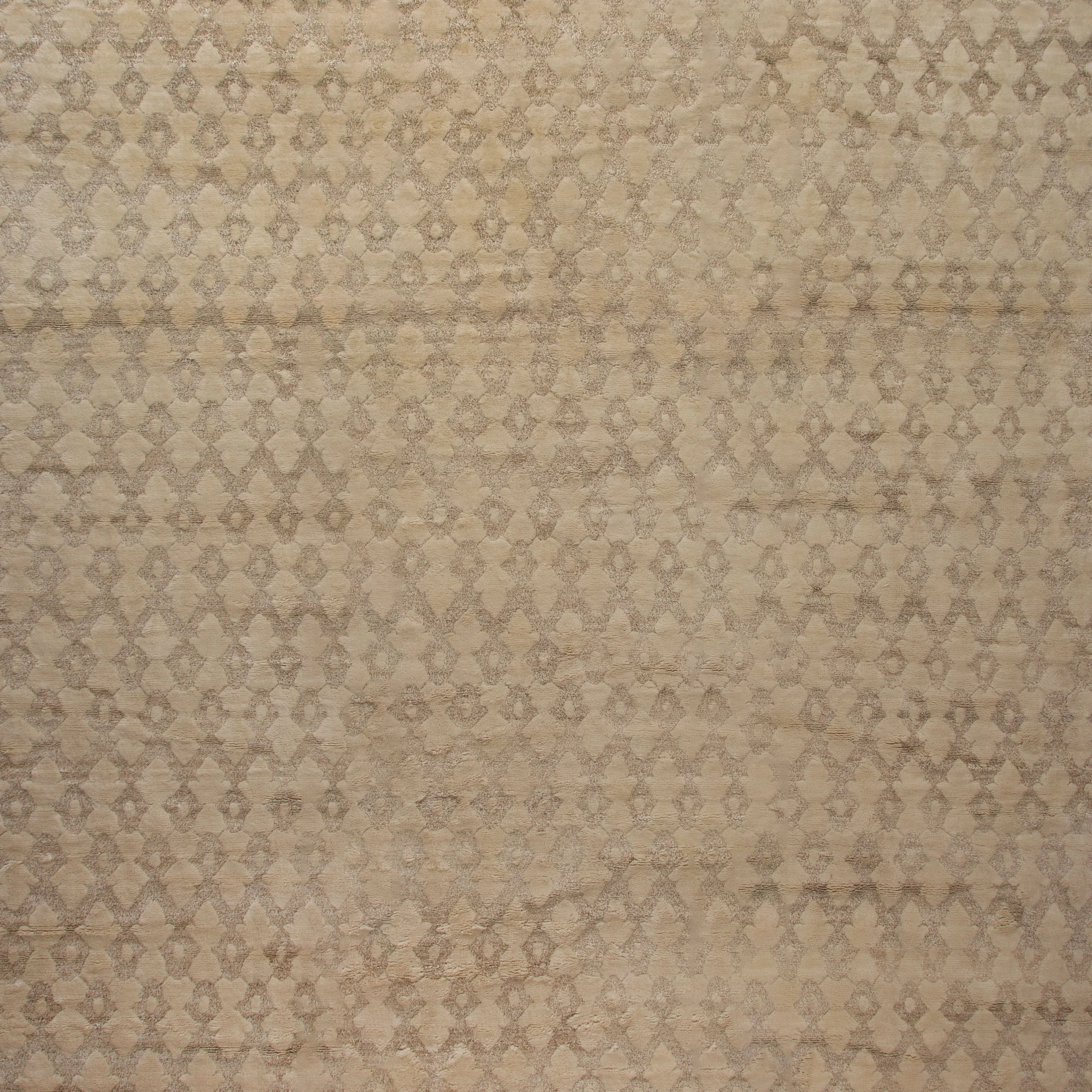 Beige Modern Tibetan Wool Silk Blend Rug - 14' x 25'
