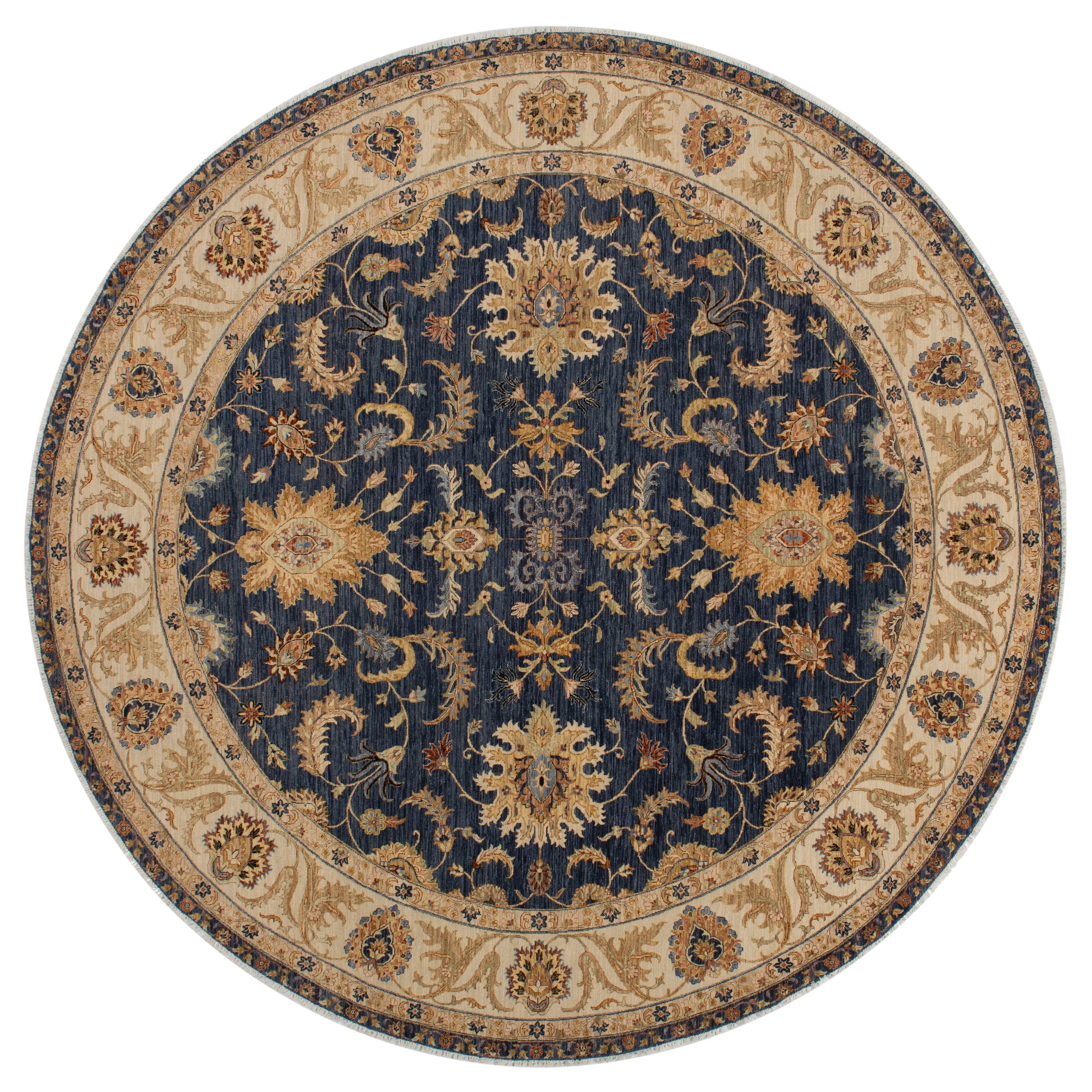 Blue & Brown Traditional Wool Rug - 12' Round