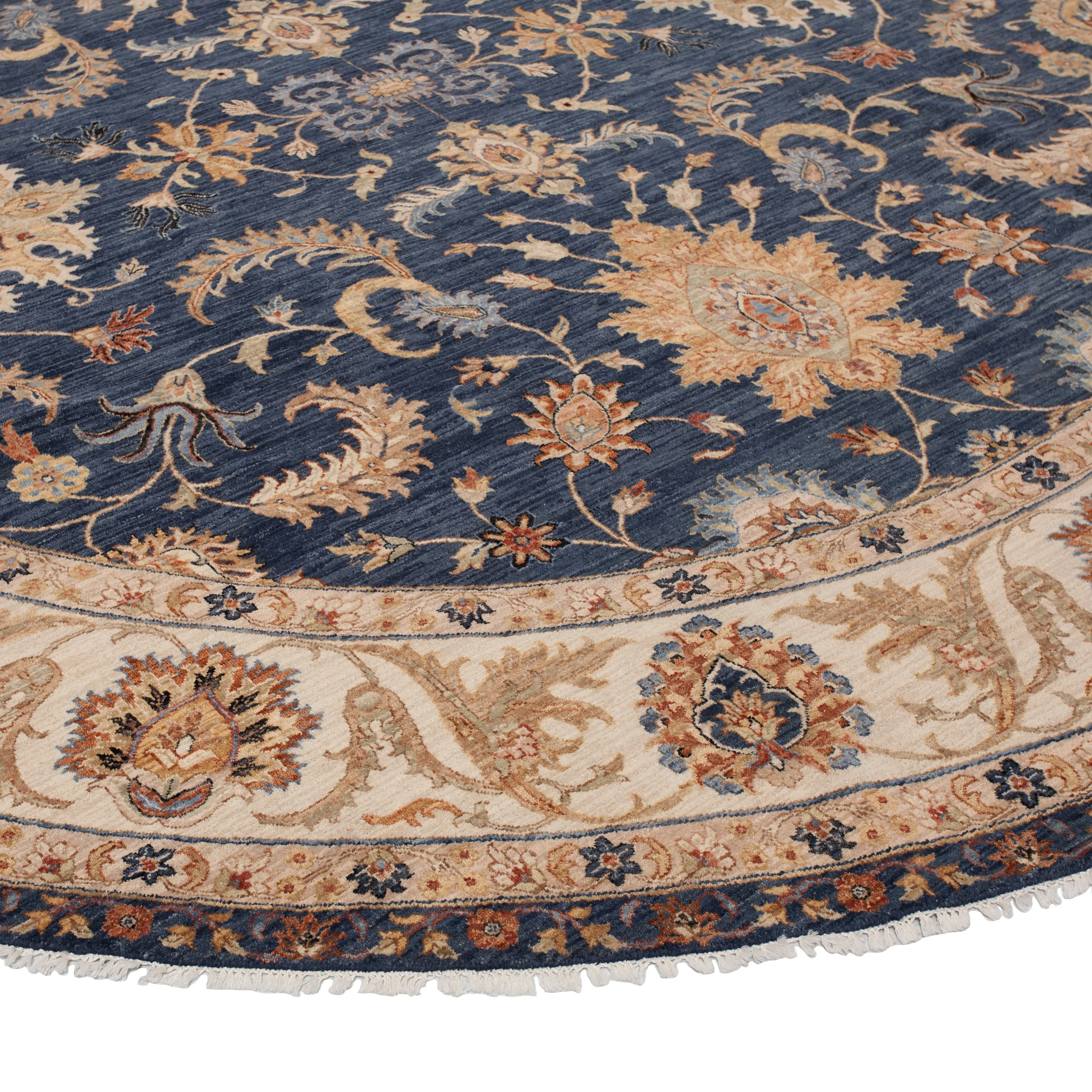 Blue & Brown Traditional Wool Rug - 12' Round