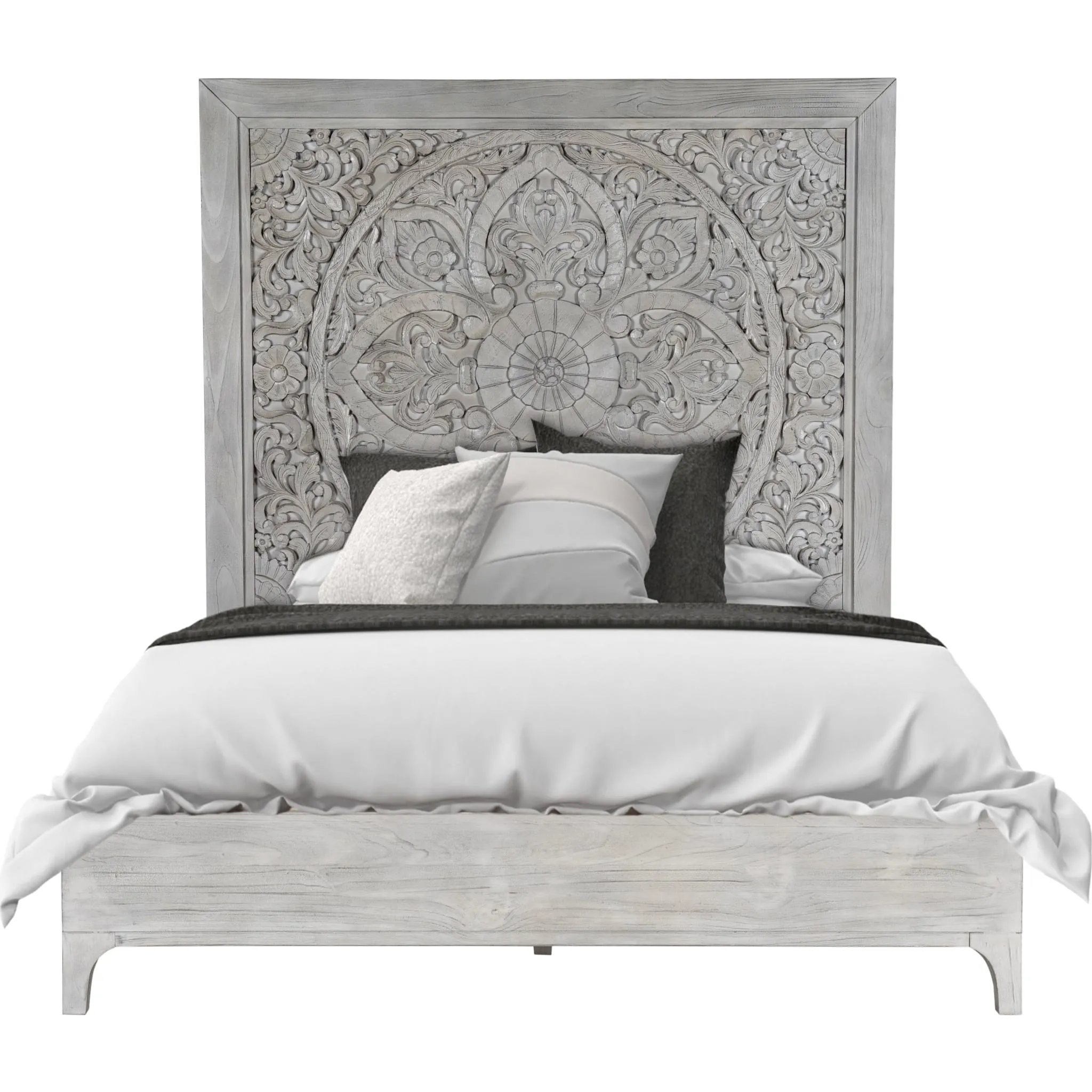Boho Chic Carved Platform Bed in Washed White Modus