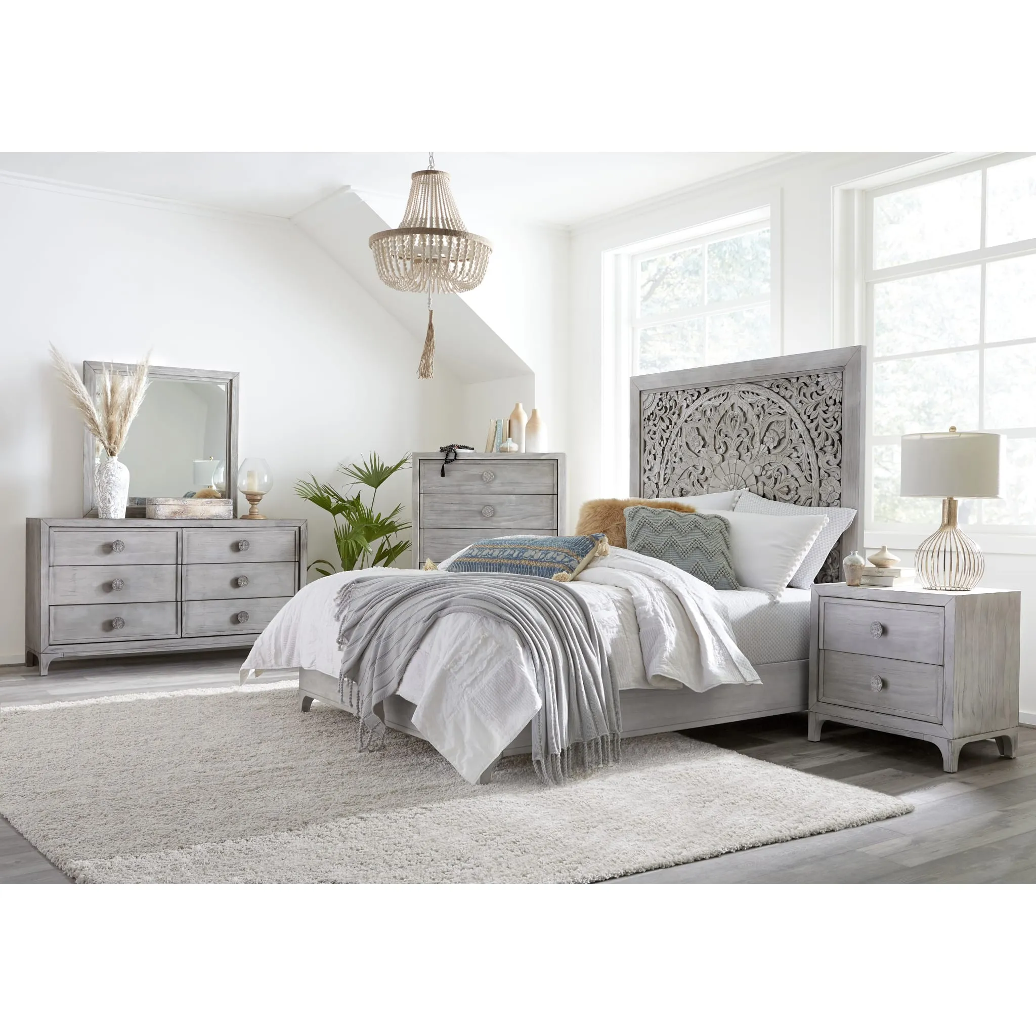 Boho Chic Carved Platform Bed in Washed White Modus