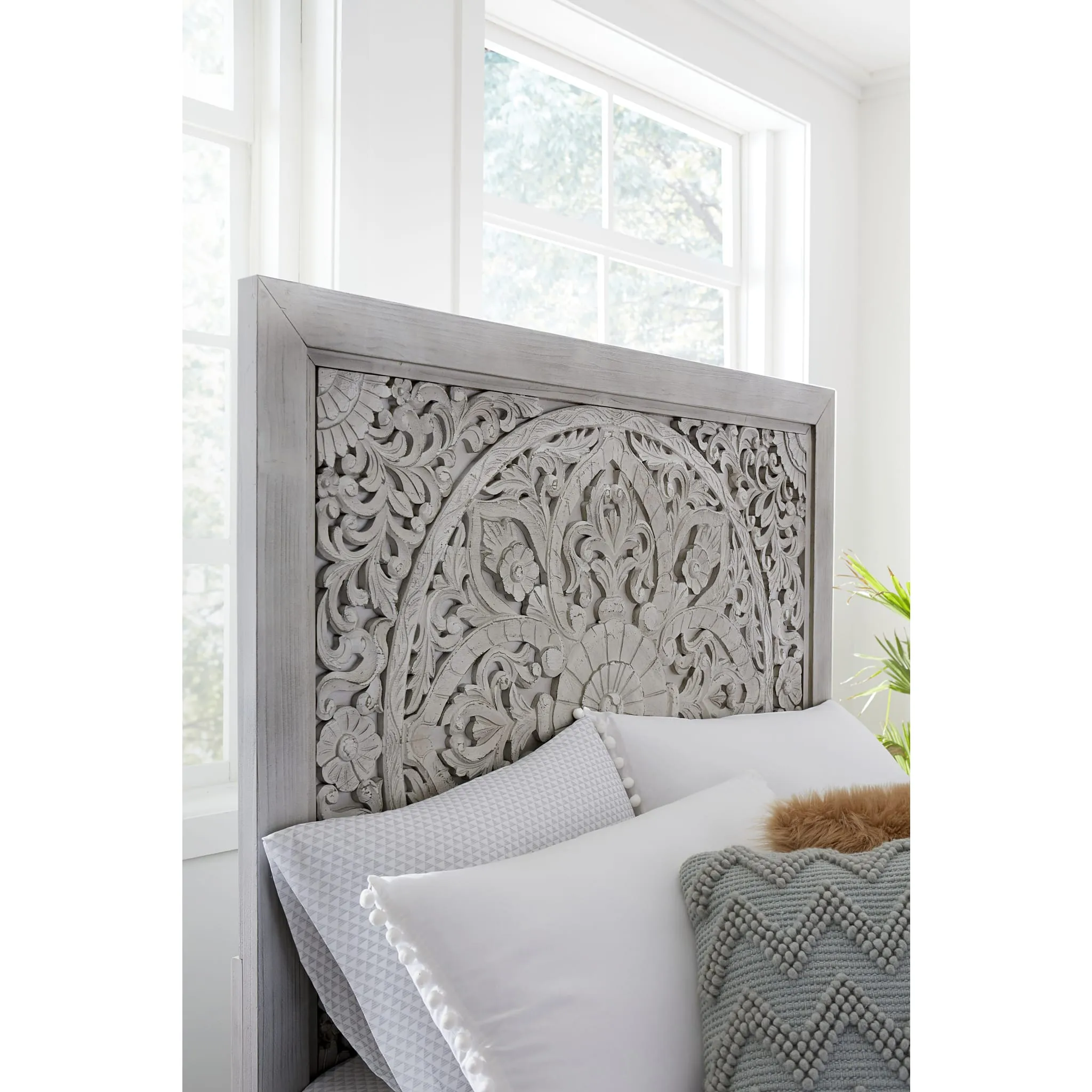 Boho Chic Carved Platform Bed in Washed White Modus