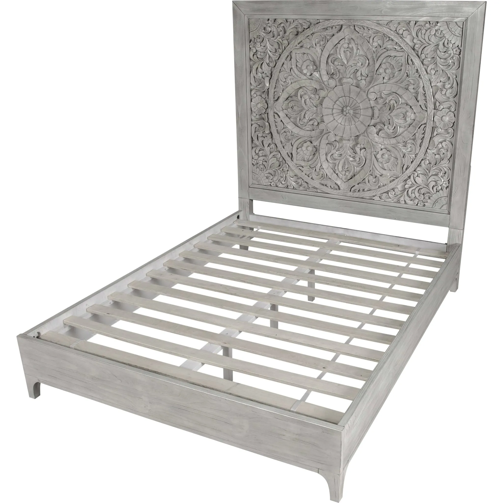 Boho Chic Carved Platform Bed in Washed White Modus
