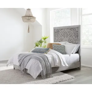 Boho Chic Carved Platform Bed in Washed White Modus