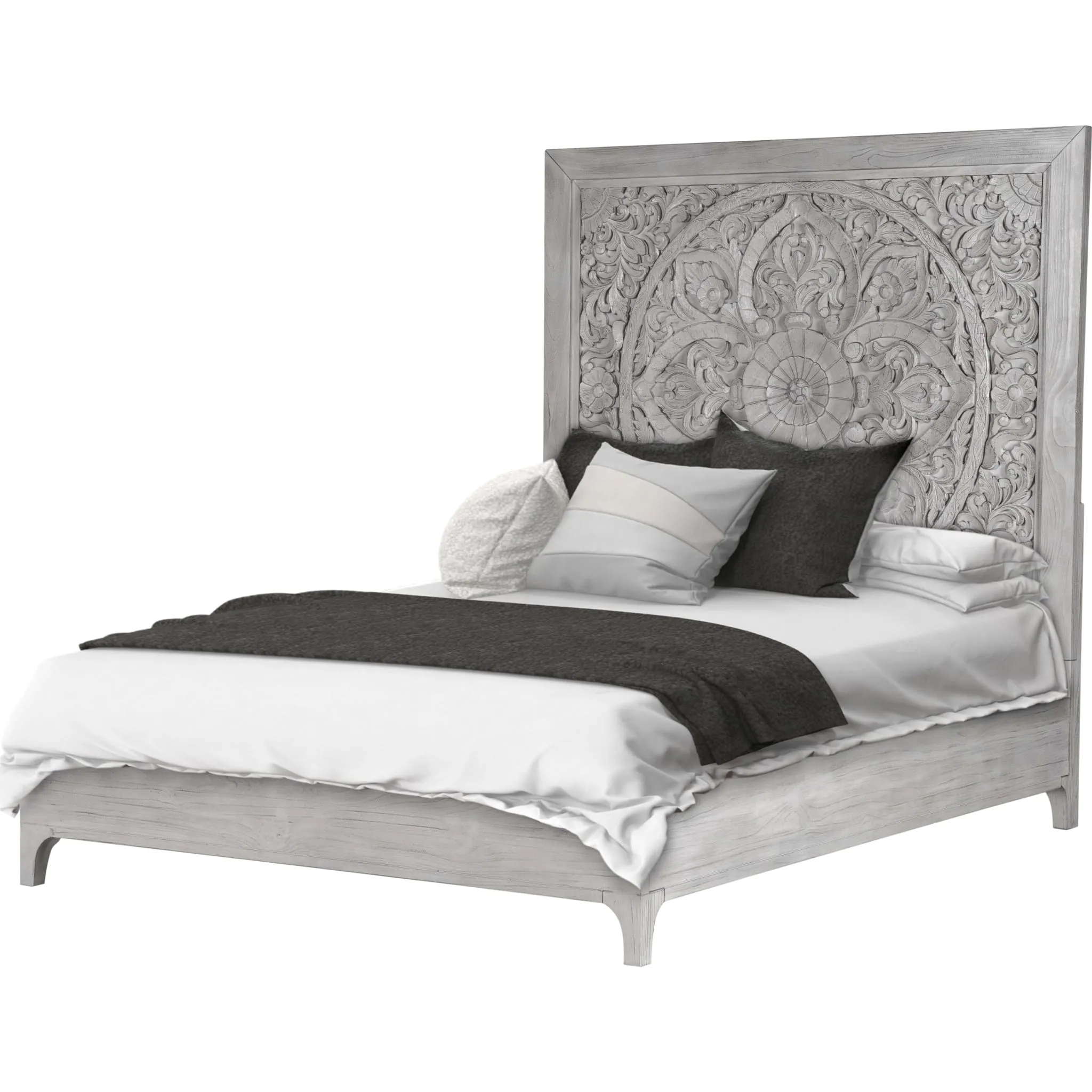 Boho Chic Carved Platform Bed in Washed White Modus