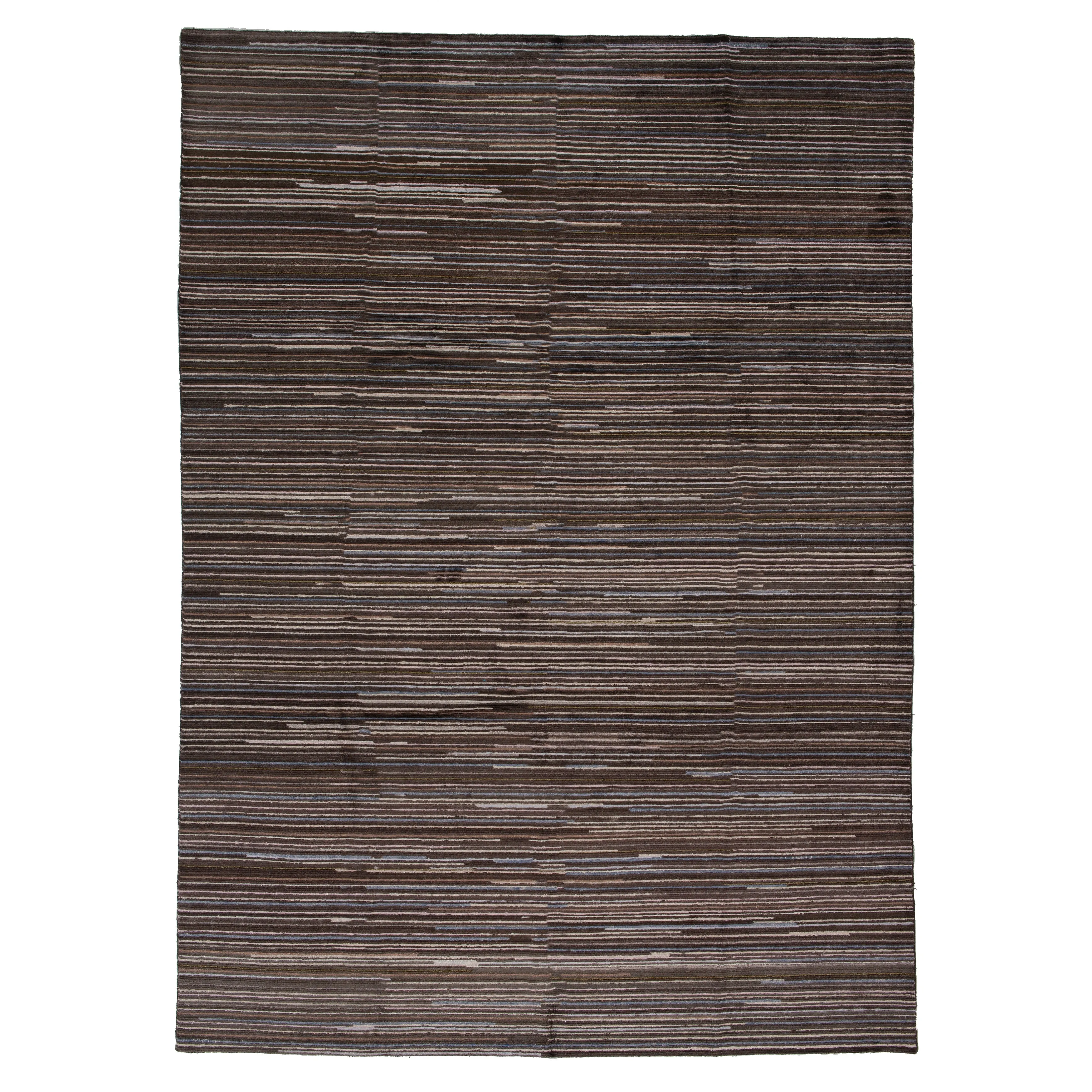 Brown Modern Wool Blend Rug - 9' x 12'3"