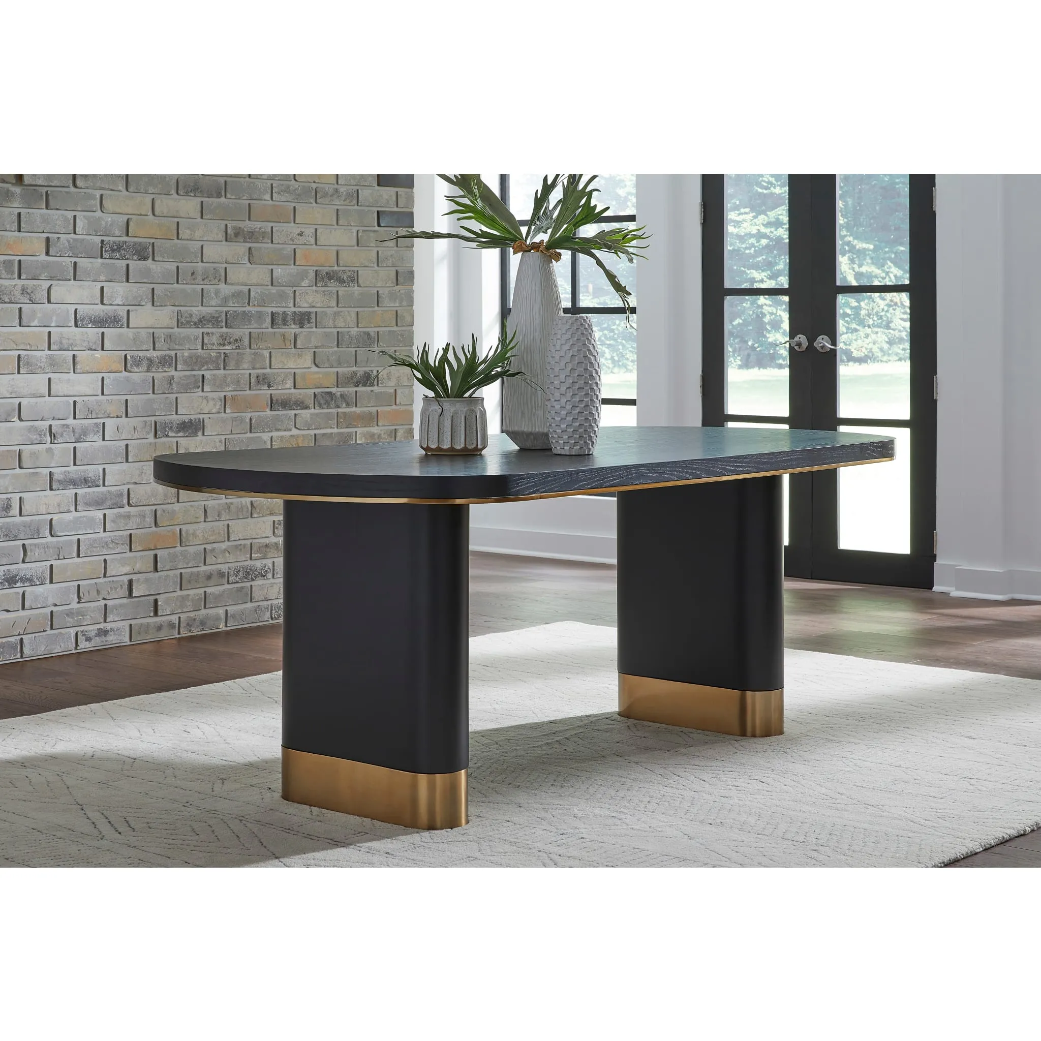 Doheny Wood and Metal Oval Dining Table in Black and Brass Modus