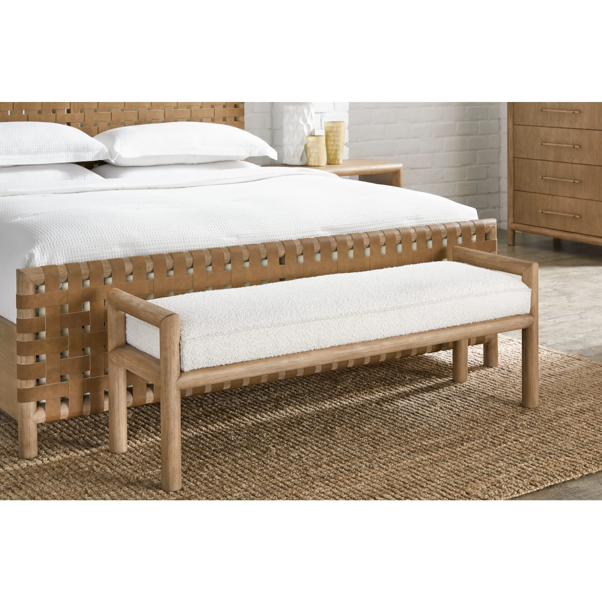 Dorsey Boucle Upholstered Wooden Bench in Granola and Ricotta Modus