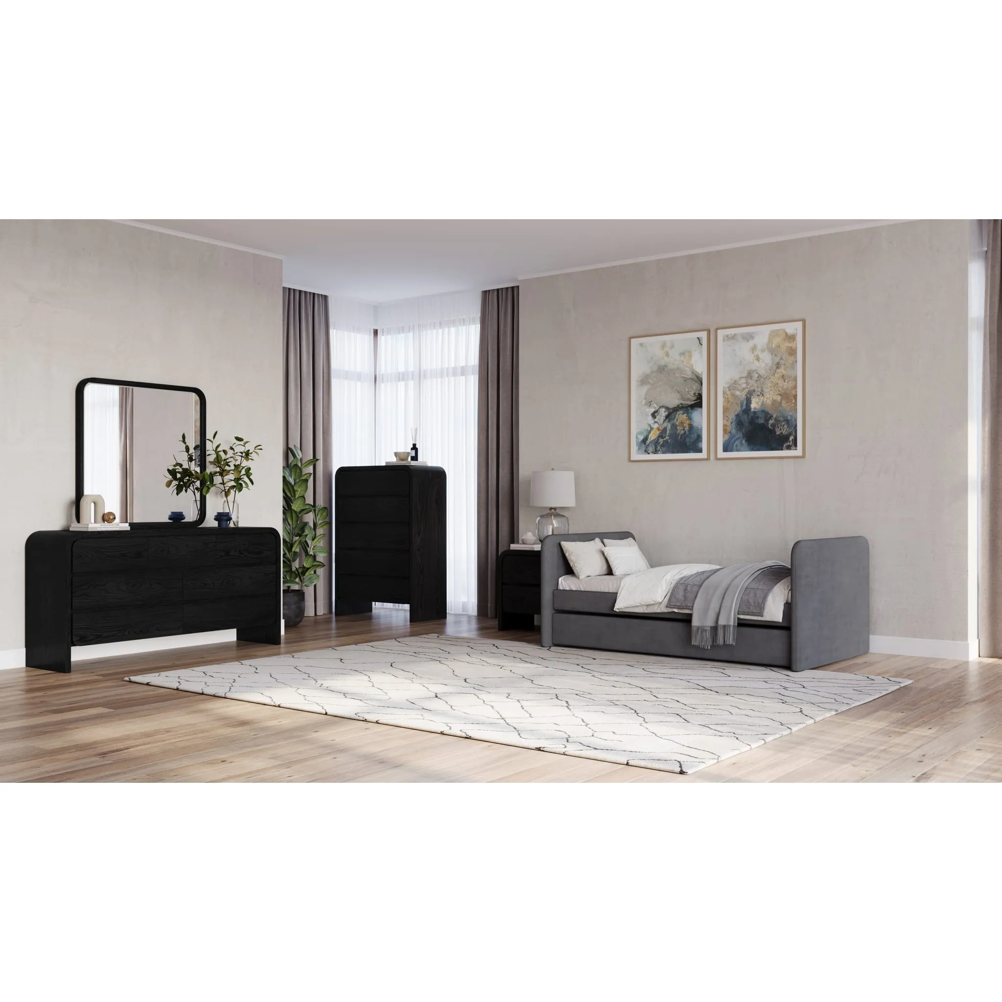 Elora Upholstered Daybed with Trundle in Charcoal Velvet Modus
