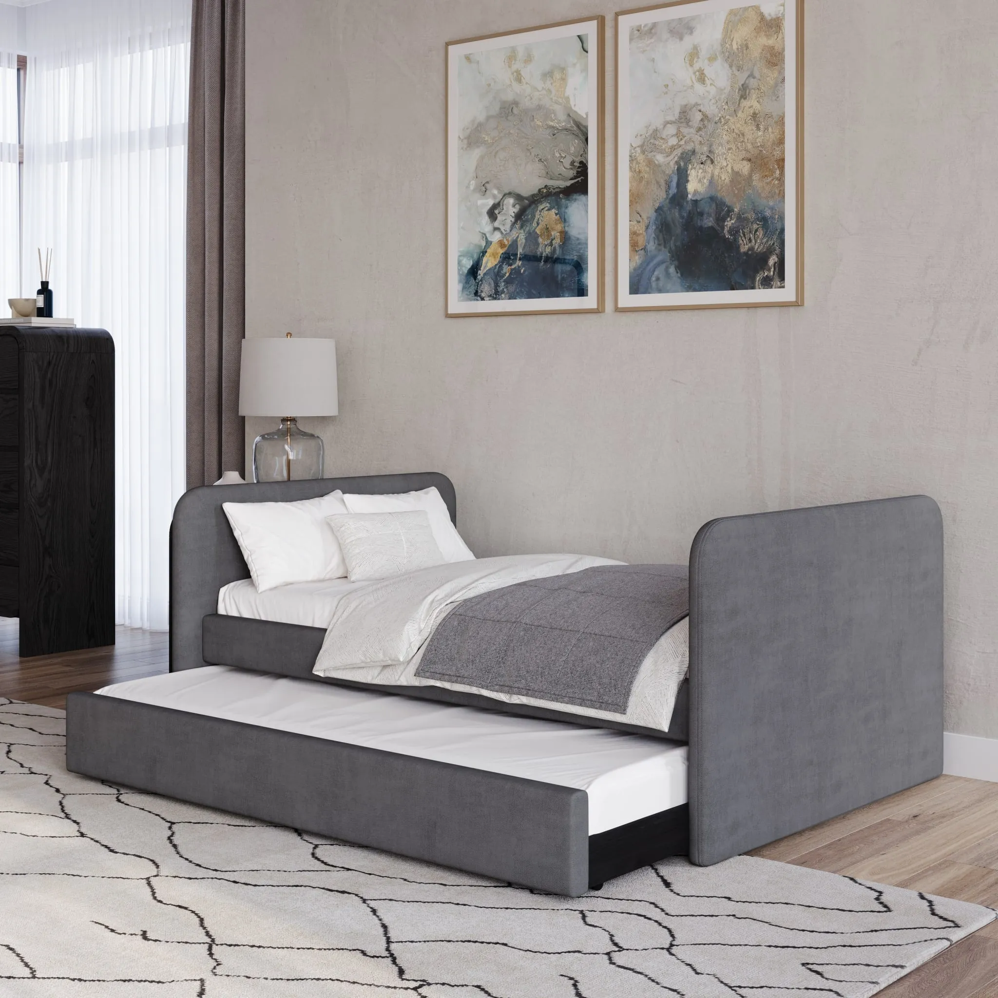 Elora Upholstered Daybed with Trundle in Charcoal Velvet Modus