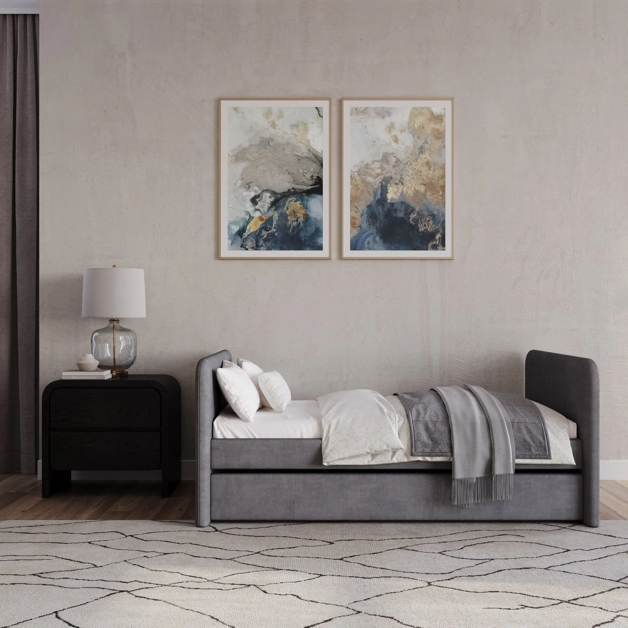 Elora Upholstered Daybed with Trundle in Charcoal Velvet Modus
