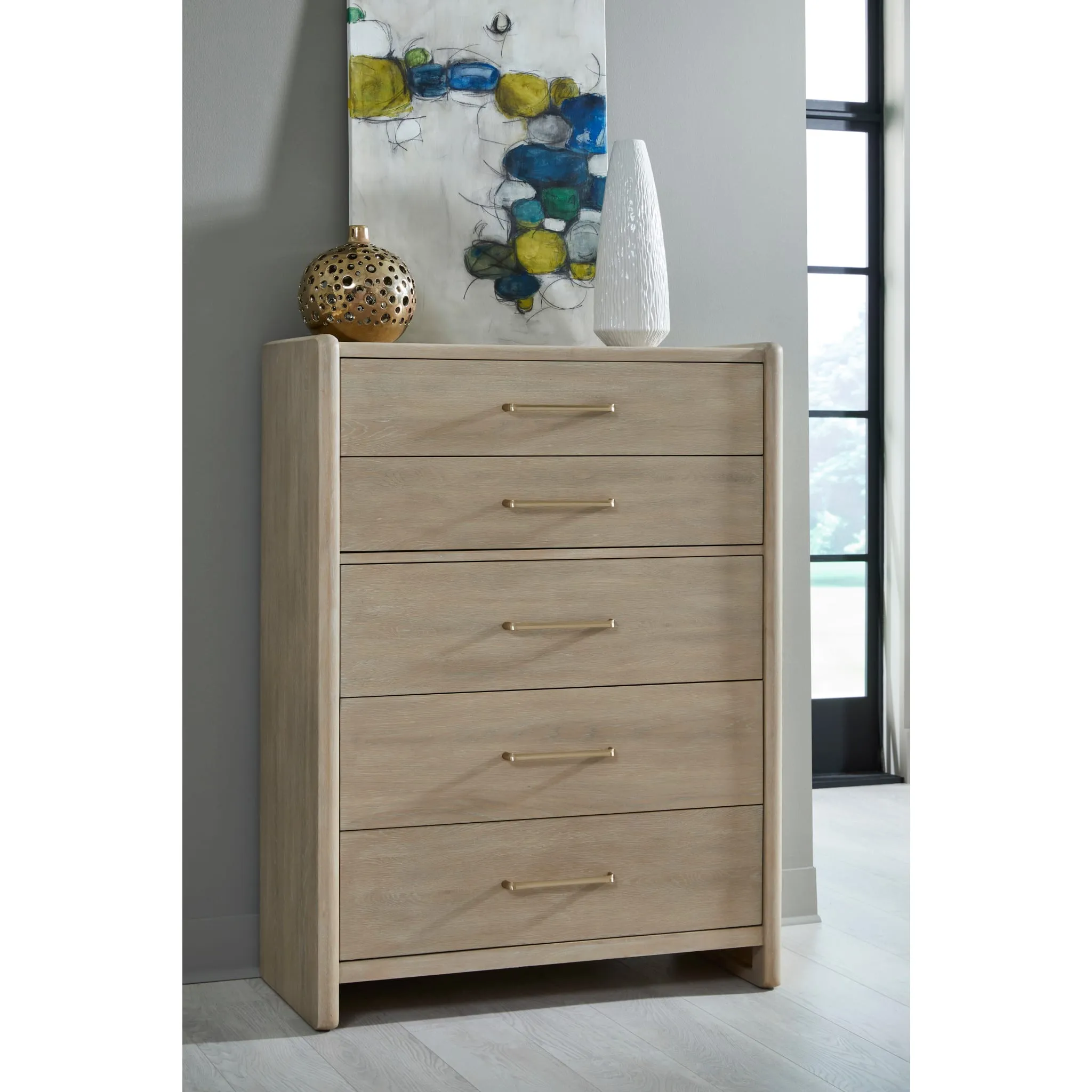 Gardenia Five Drawer Oak Wood Chest in Chai Modus