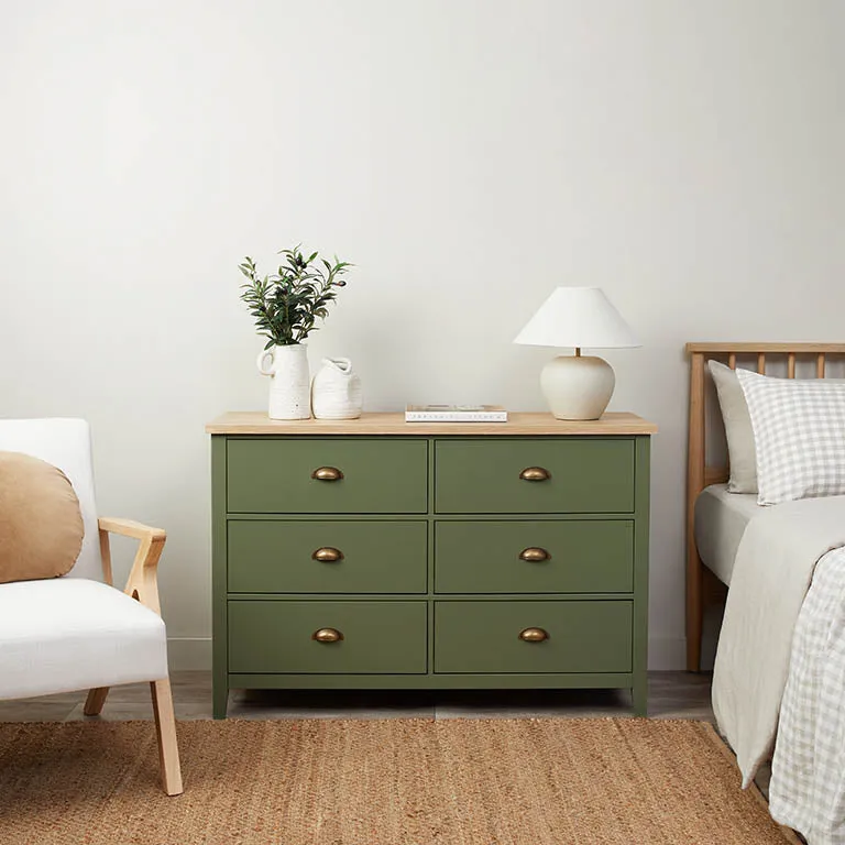 Hastings Six Drawer - Olive Green/Natural Mocka