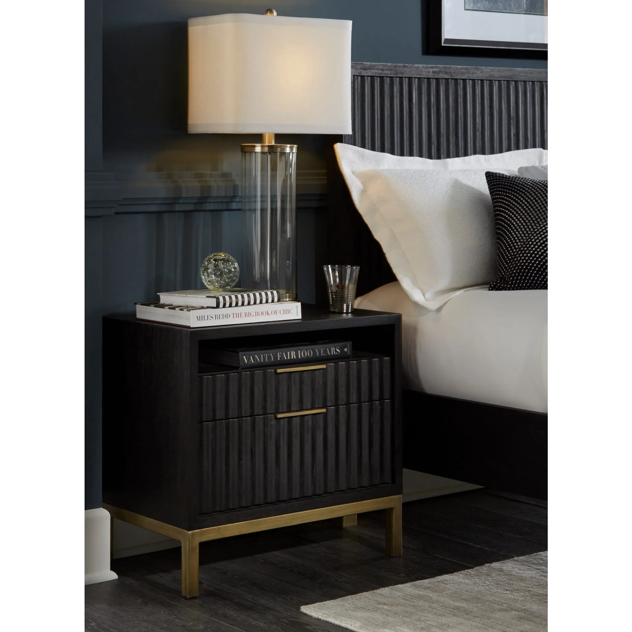 Kentfield Solid Wood Two Drawer Nightstand in Black Drifted Oak Modus