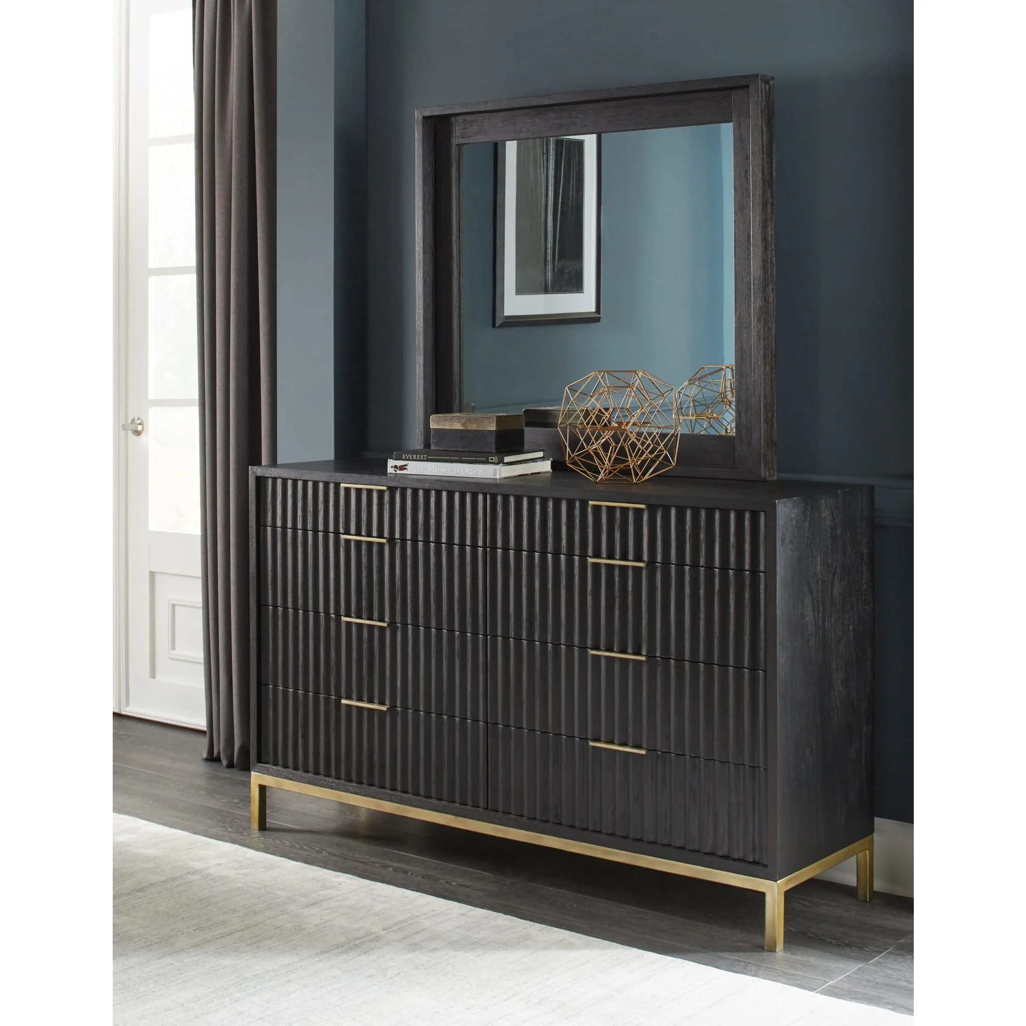 Kentifield Solid Wood Eight Drawer Dresser in Black Drifted Oak (2024) Modus