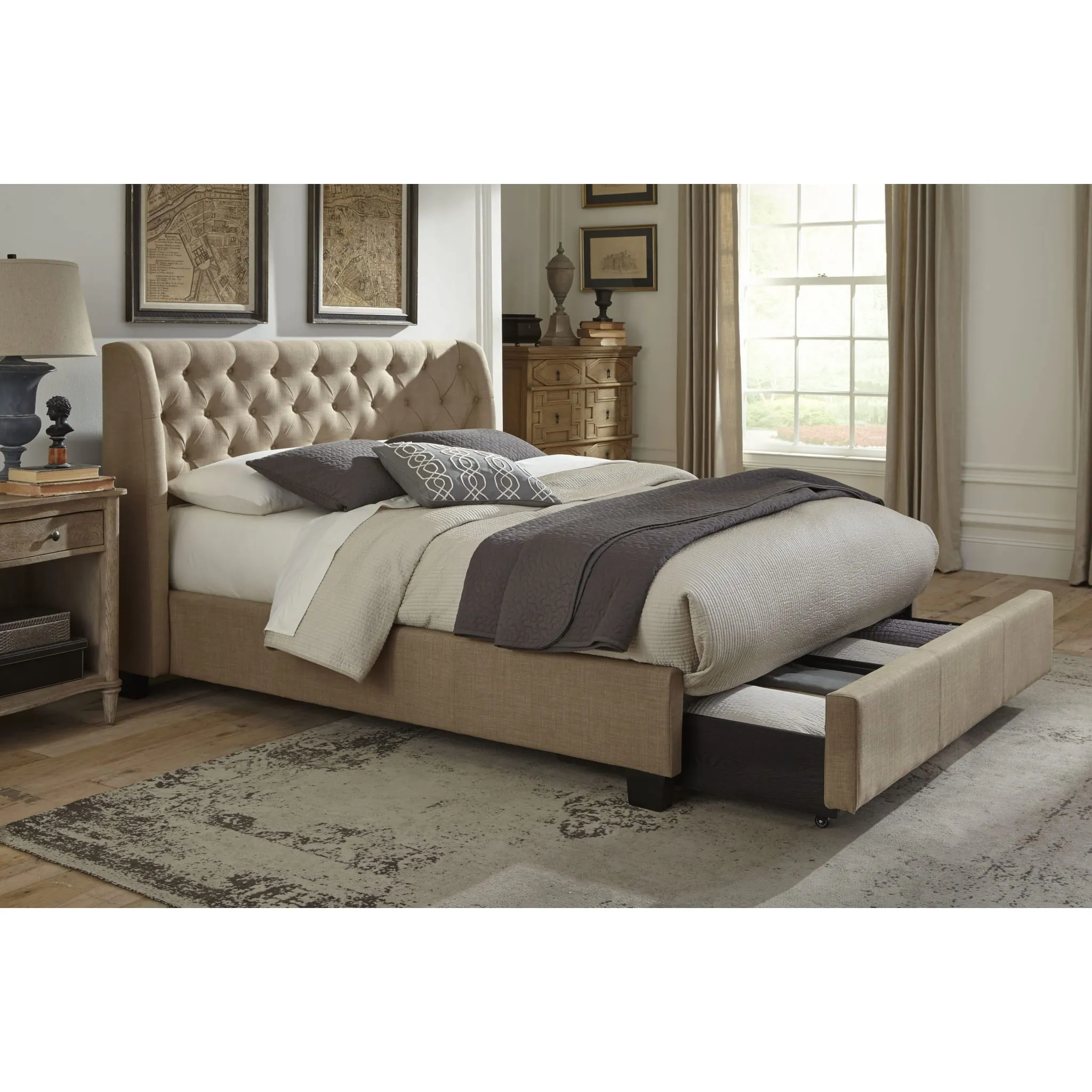 Levi Tufted Footboard Storage Bed in Toast Linen Modus