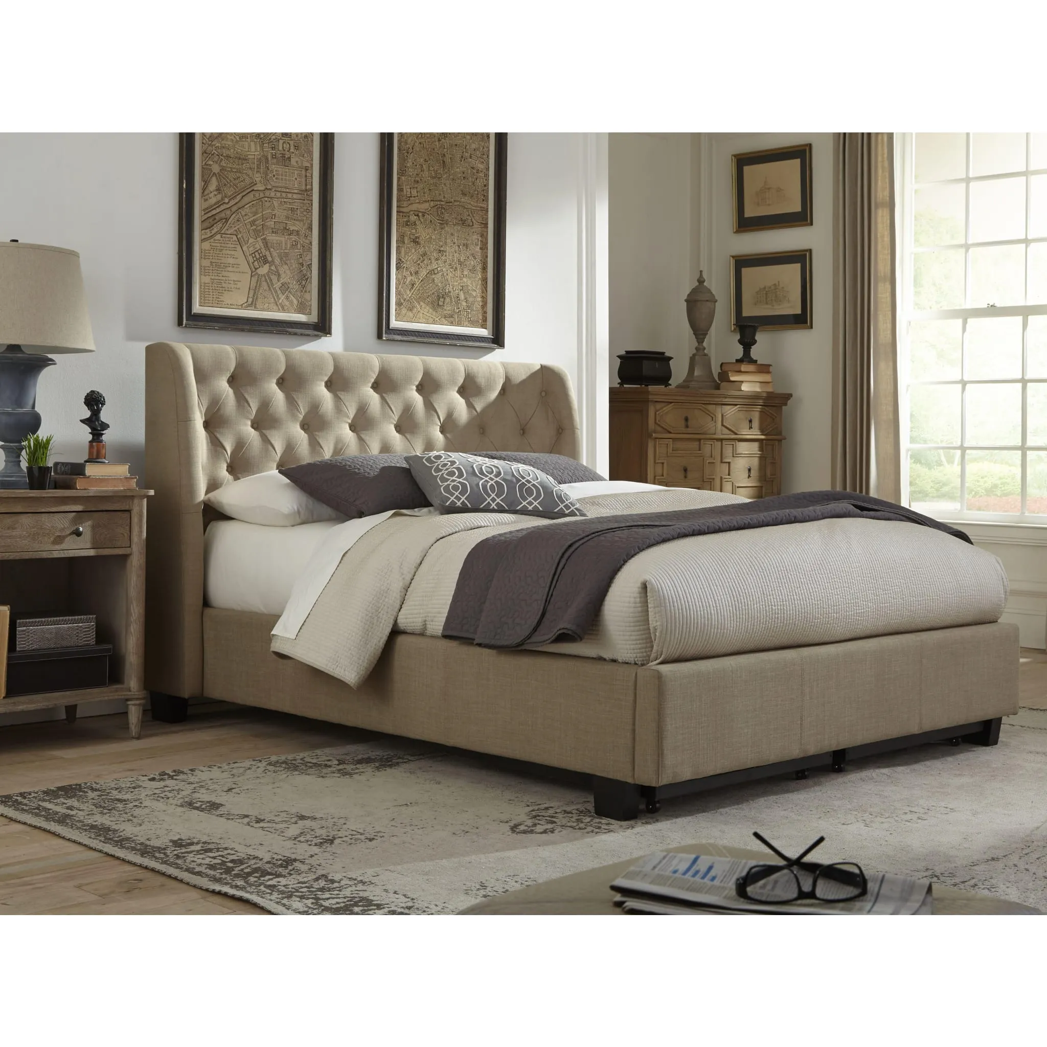 Levi Tufted Footboard Storage Bed in Toast Linen Modus