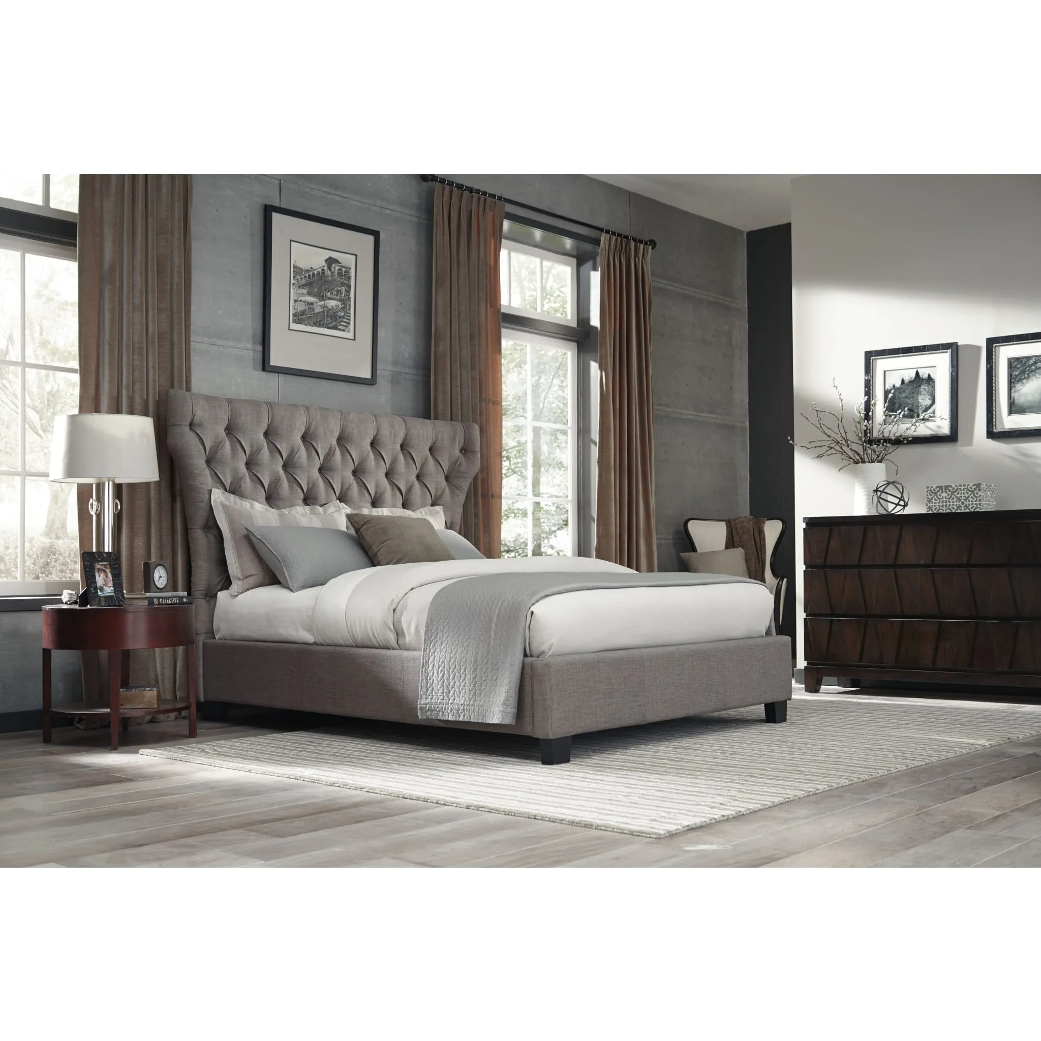 Melina Upholstered Platform Bed in Dolphin Linen Modus