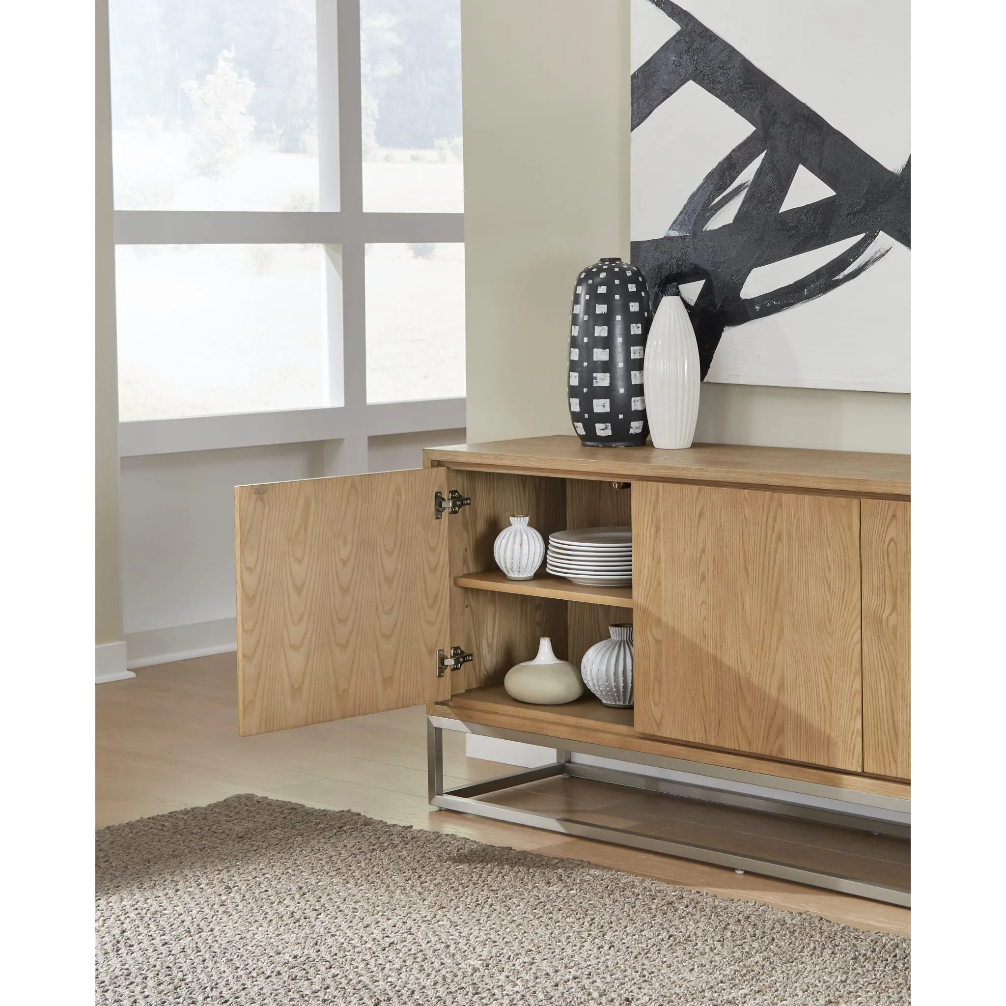 One Modern Coastal Metal Base Sideboard in White Oak and Brushed Stainless Steel Modus