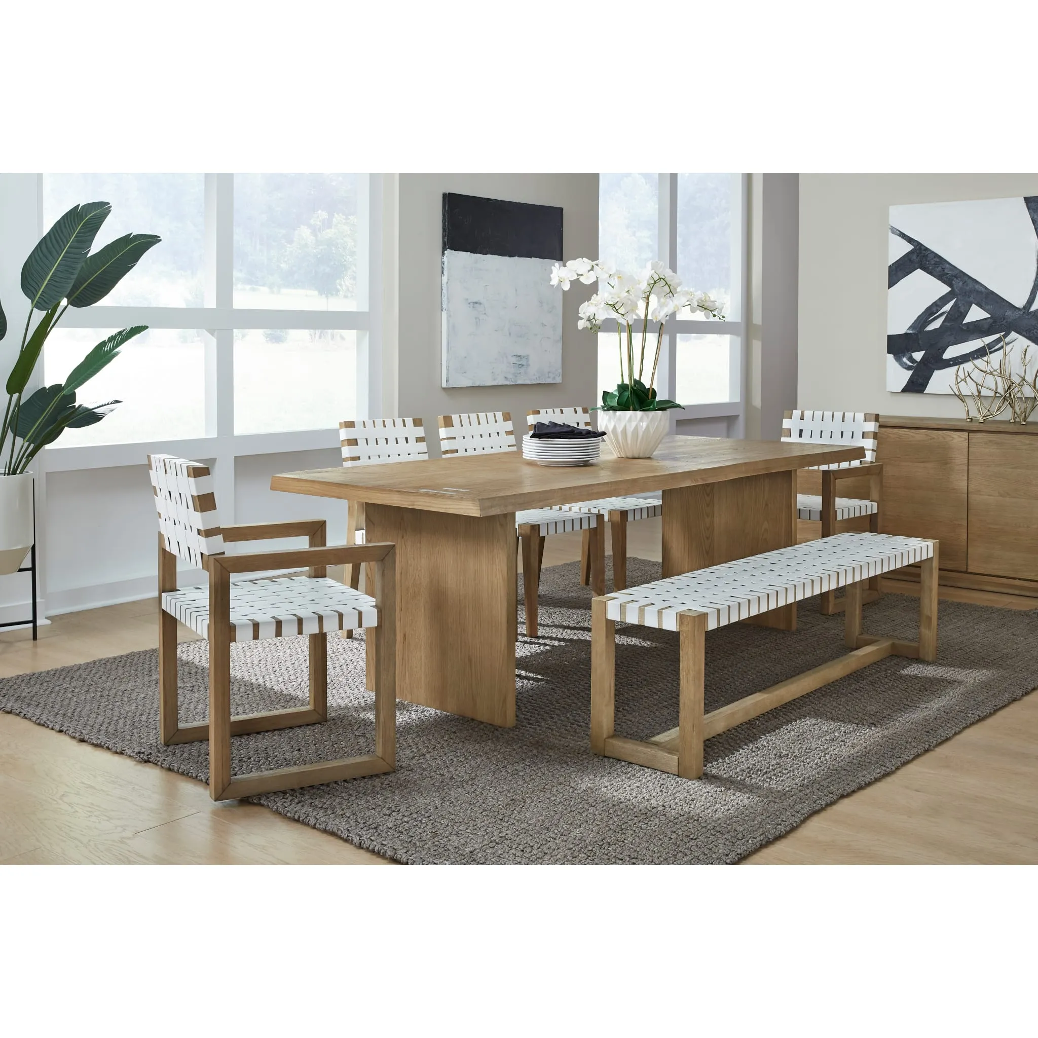 One Woven Leather and Solid Wood Dining Side Chair in White and Bisque Modus