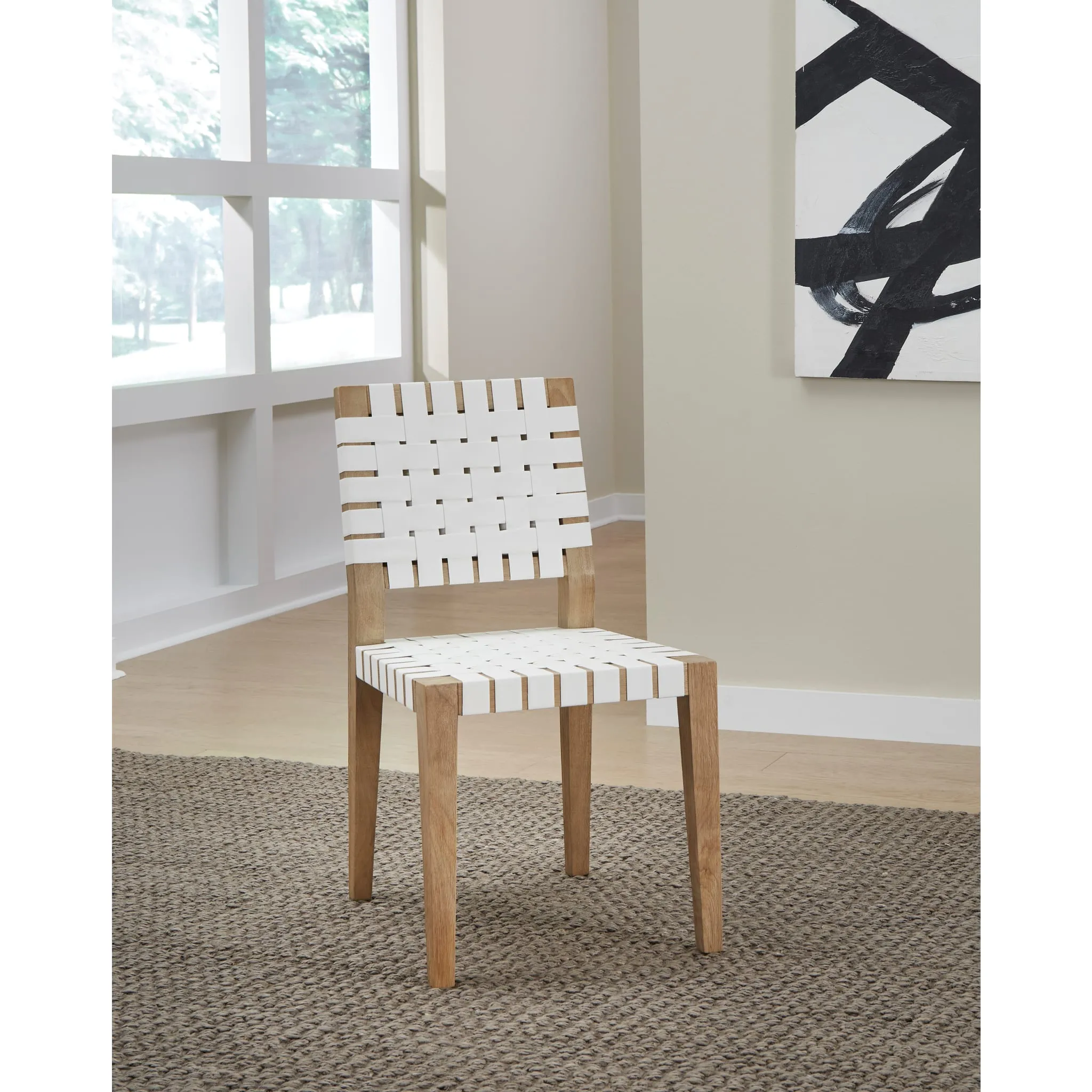 One Woven Leather and Solid Wood Dining Side Chair in White and Bisque Modus