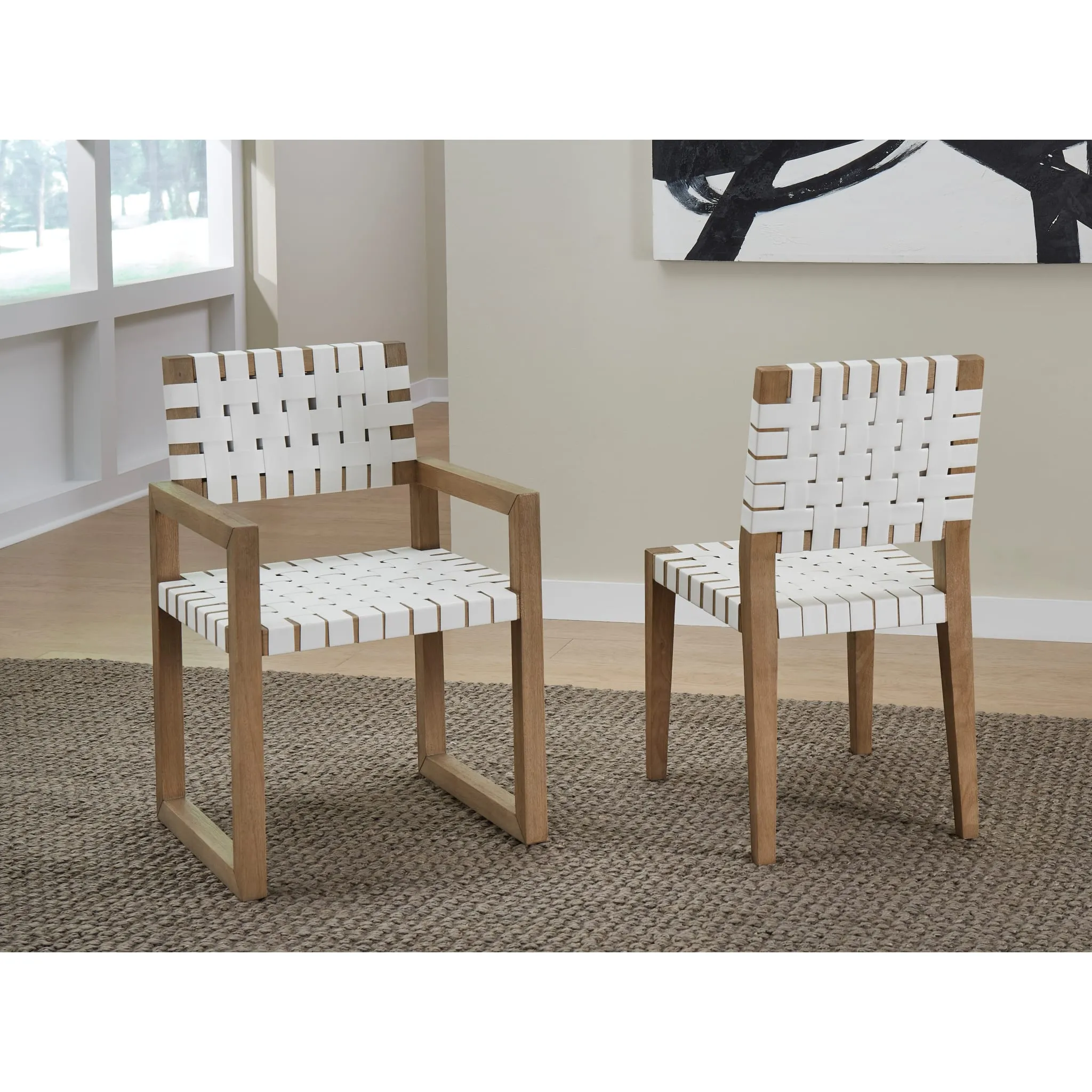 One Woven Leather and Solid Wood Dining Side Chair in White and Bisque Modus