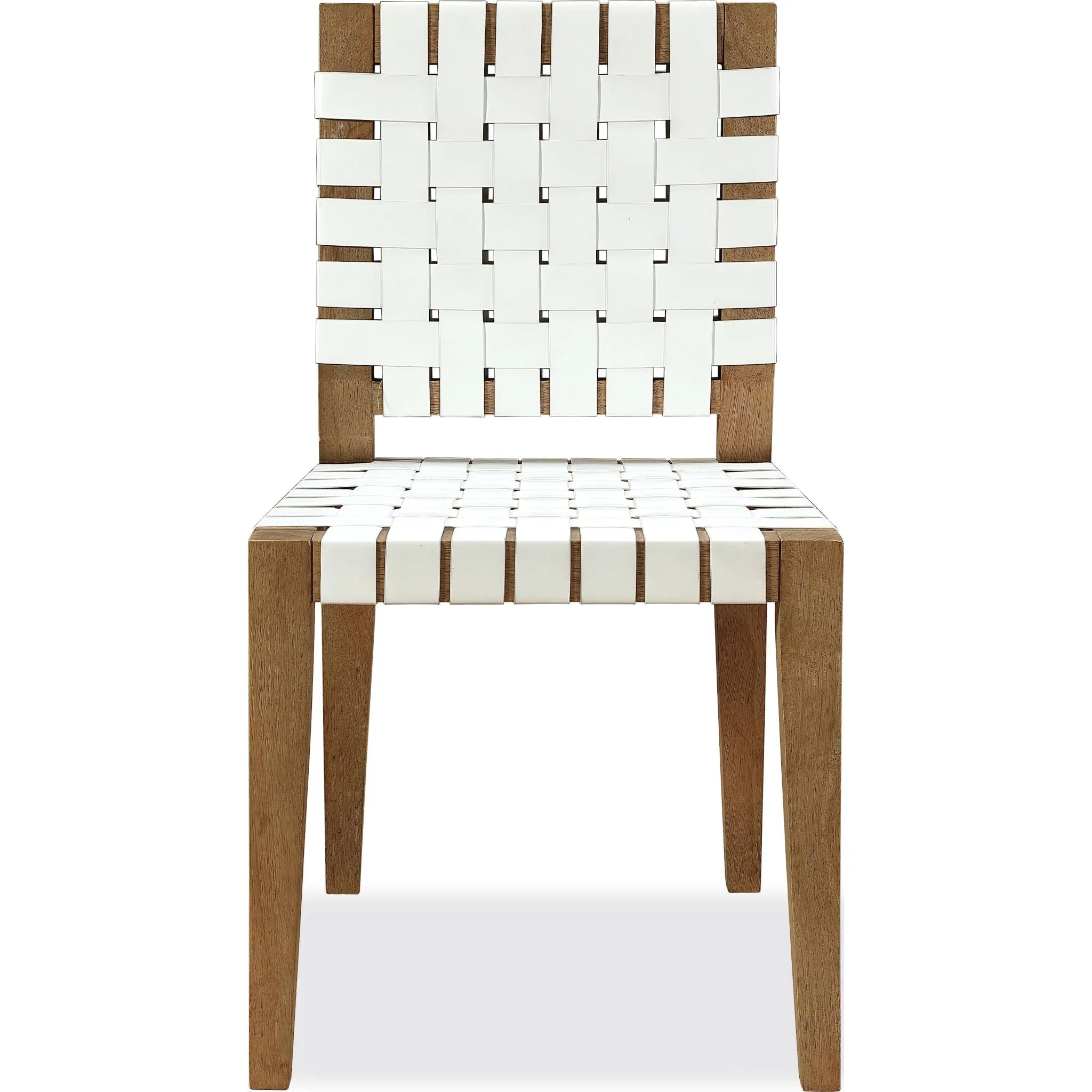 One Woven Leather and Solid Wood Dining Side Chair in White and Bisque Modus