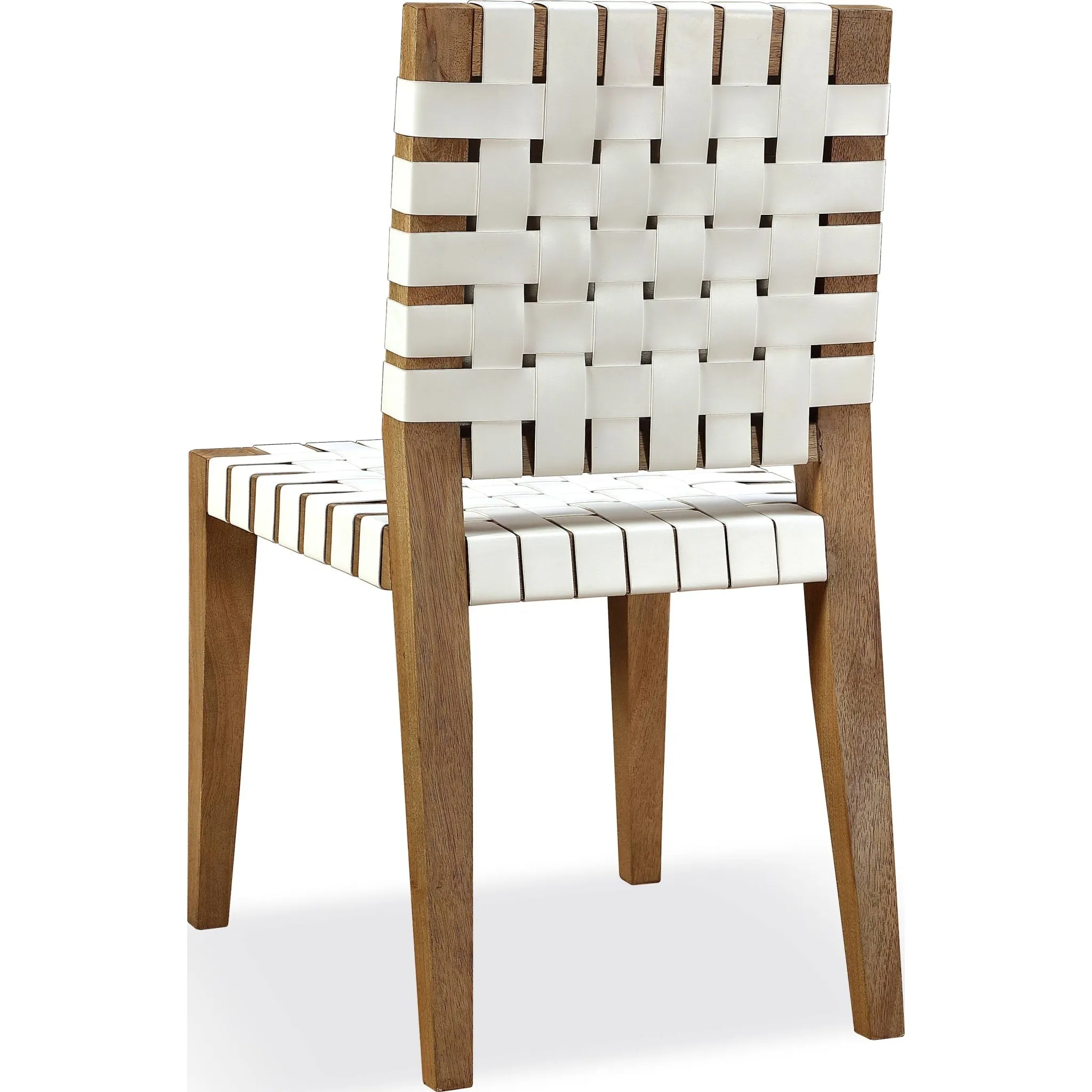 One Woven Leather and Solid Wood Dining Side Chair in White and Bisque Modus
