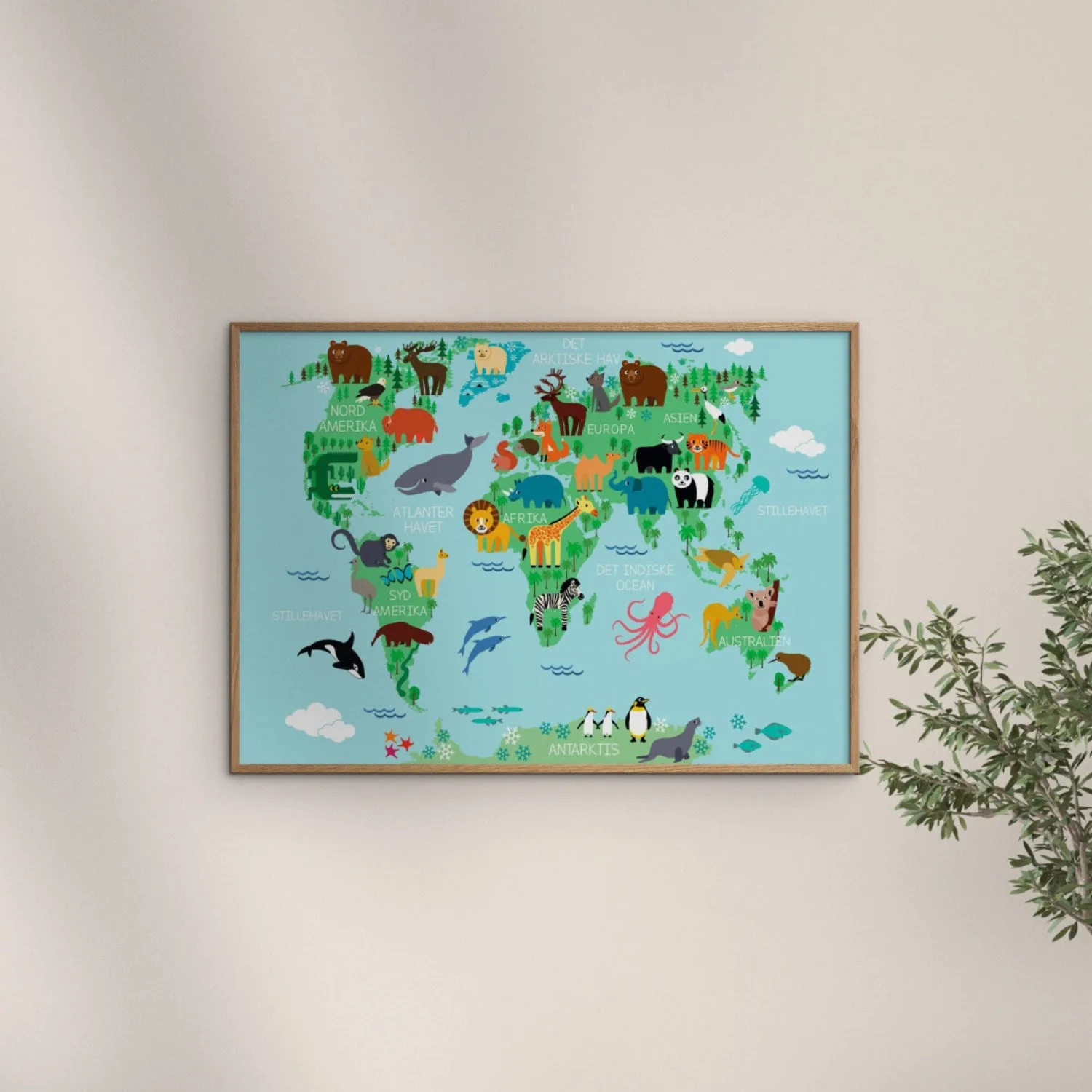 Poster & Frame Citatplakat - Verdenskort Plakat Med Dyr Til Børn
