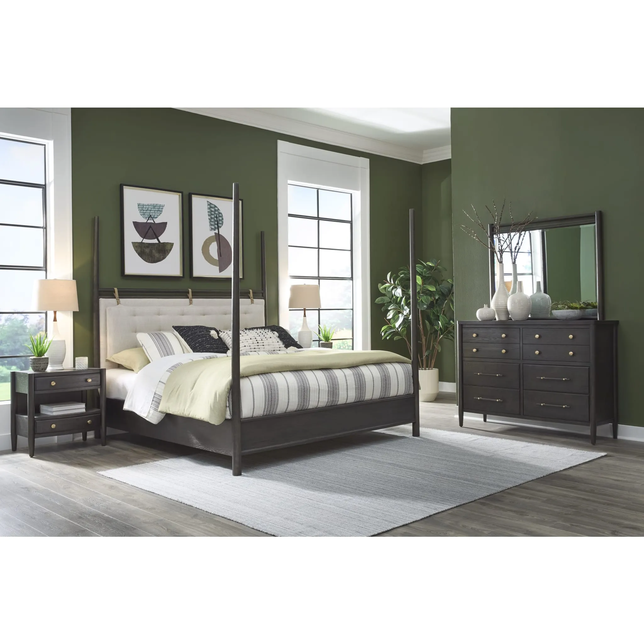 Rockport Upholstered Poster Bed in Yin and Turtle Dove Linen Modus