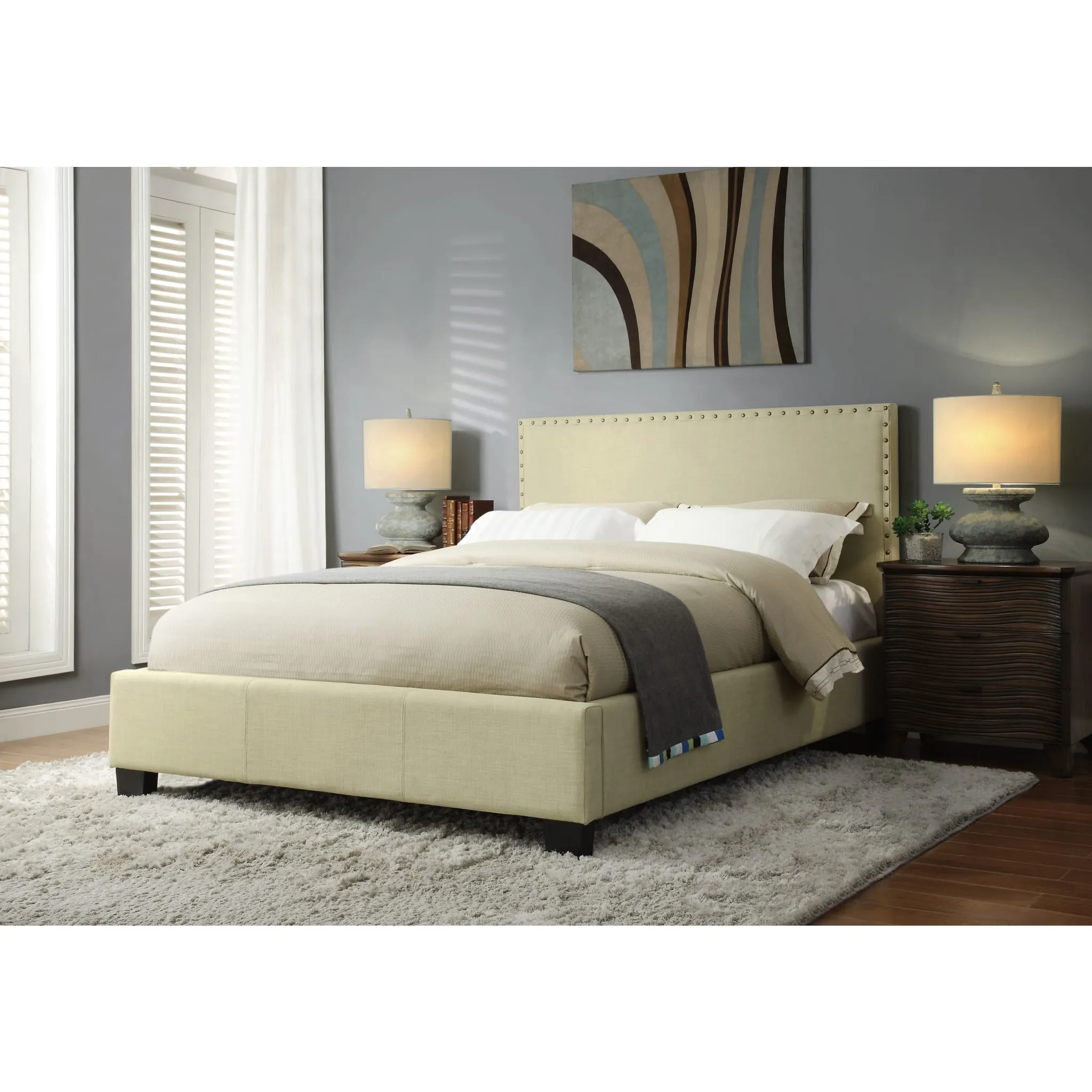 Tavel Nailhead Upholstered Platform Bed in Tumbleweed Modus