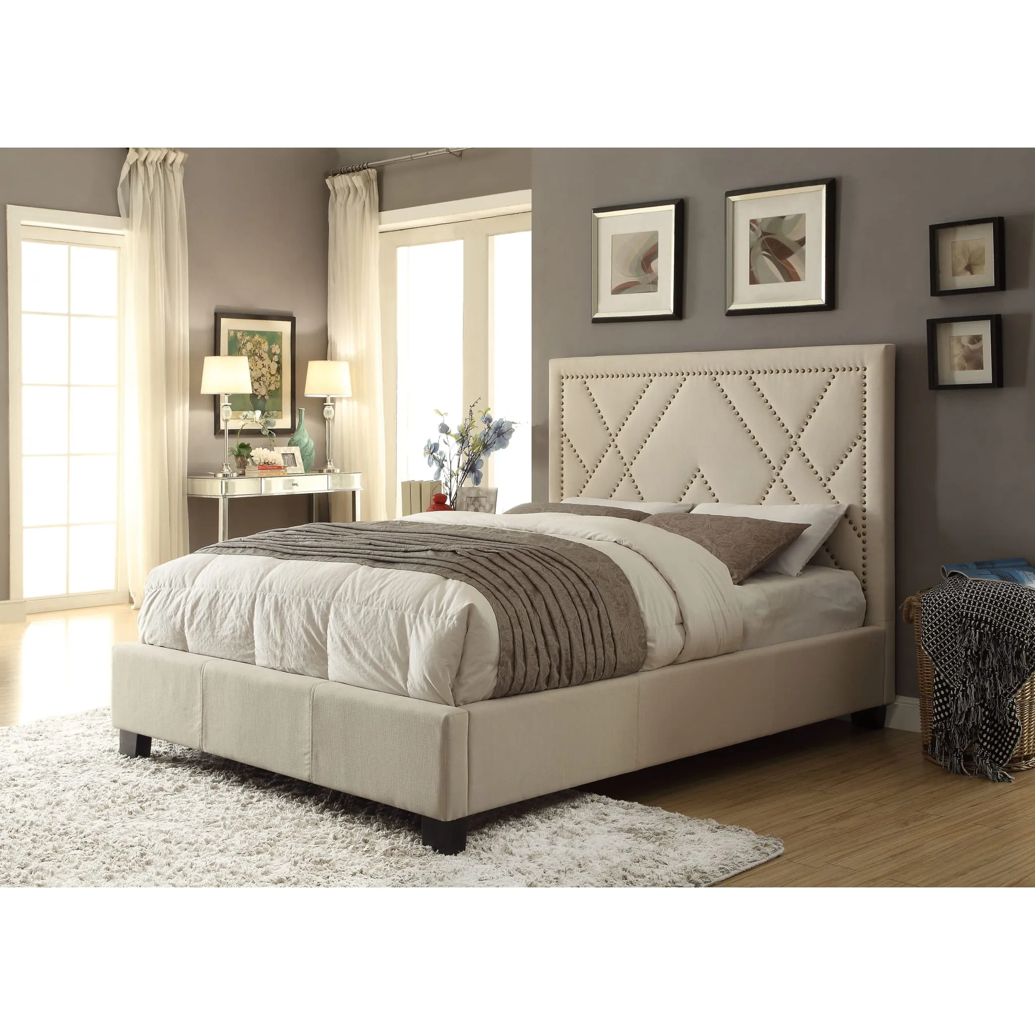 Vienne Nailhead Upholstered Platform Bed in Powder Modus
